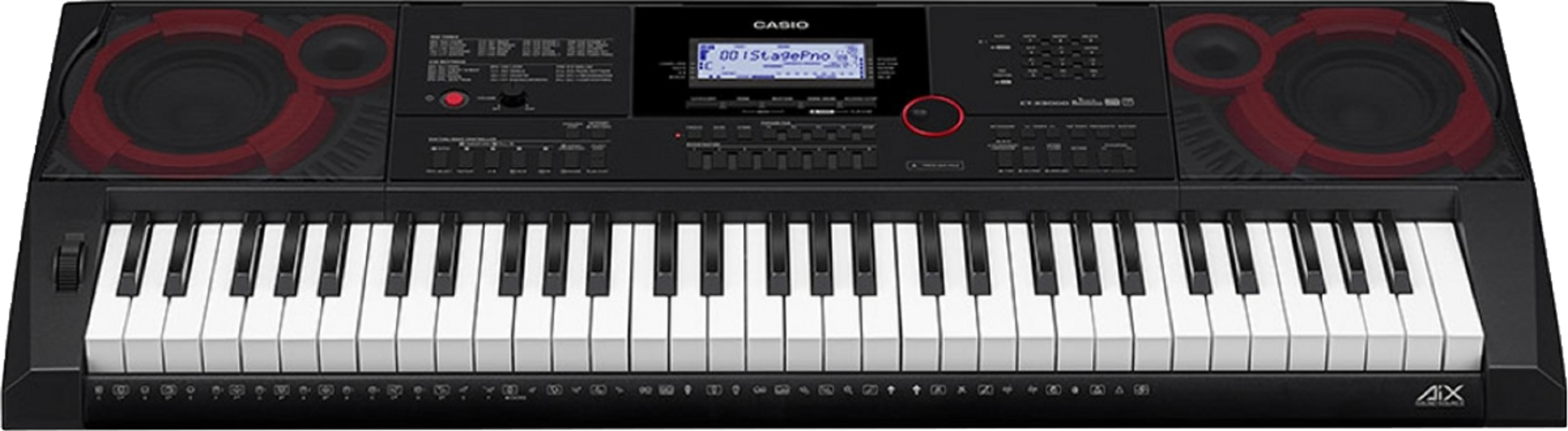 Ein schwarzes Casio Keyboard mit weißen und schwarzen Tasten, roten Lautsprecherakzenten und einem LCD-Display.