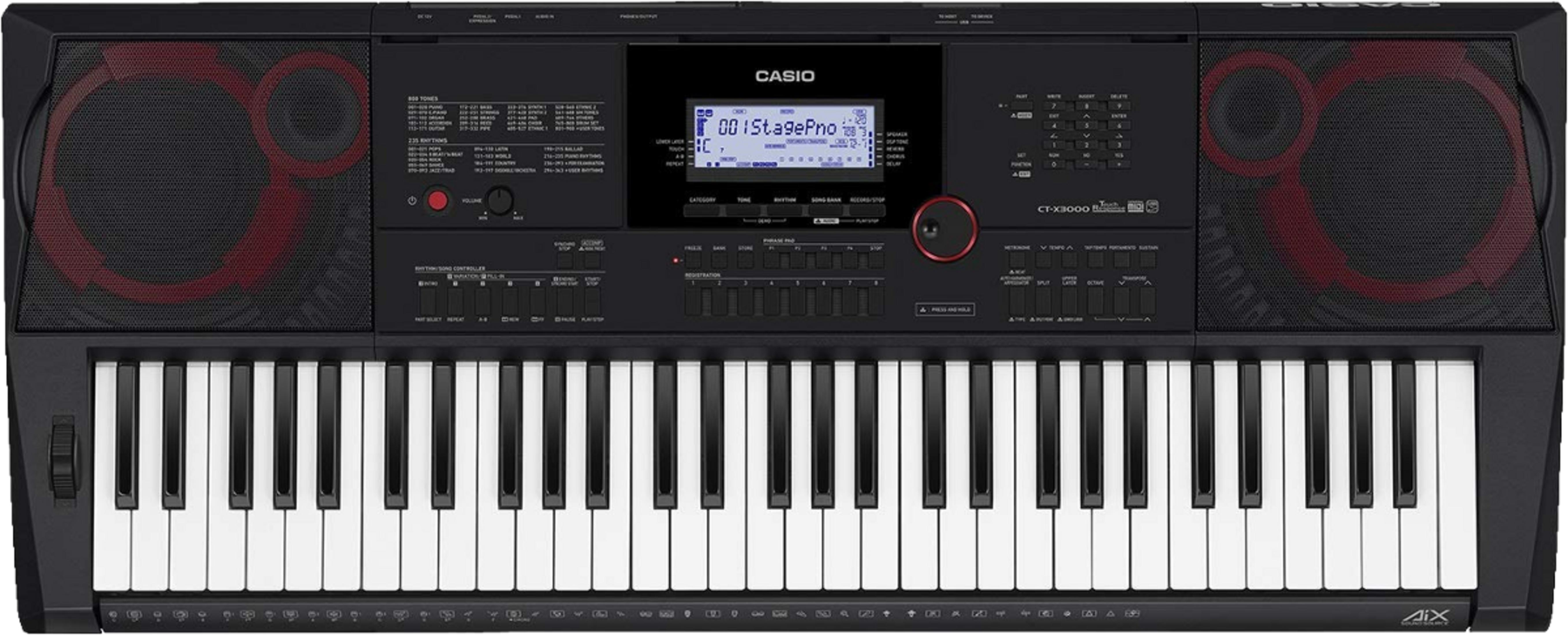 Ein schwarzes Casio CT-X3000 Keyboard mit weißen und schwarzen Tasten, Lautsprechern und einem Display.