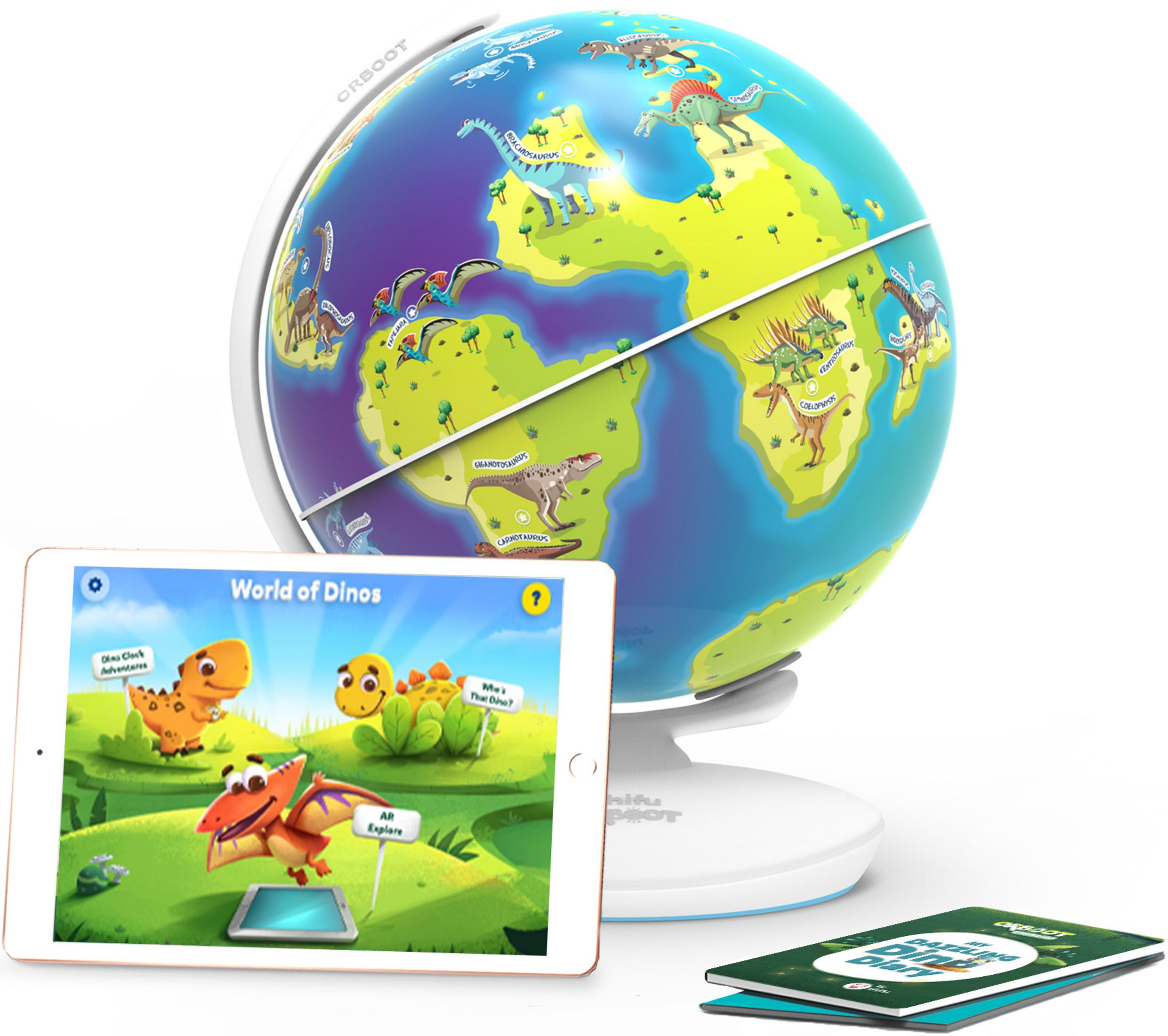Un globo con dinosauri, un tablet con app di dinosauri e un diario.