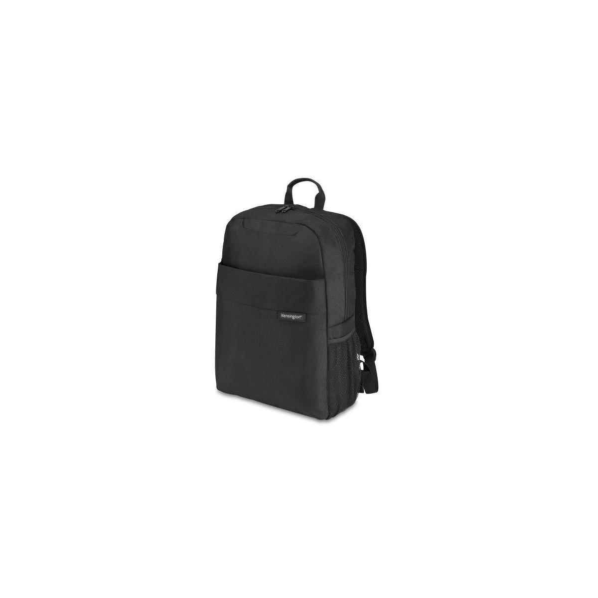 Ein schwarzer Rucksack mit einem vorderen Fach und der Aufschrift Kensington.