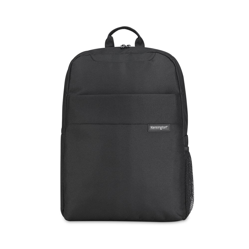 Schwarzer Rucksack mit Kensington-Logo und Netzseitentasche.