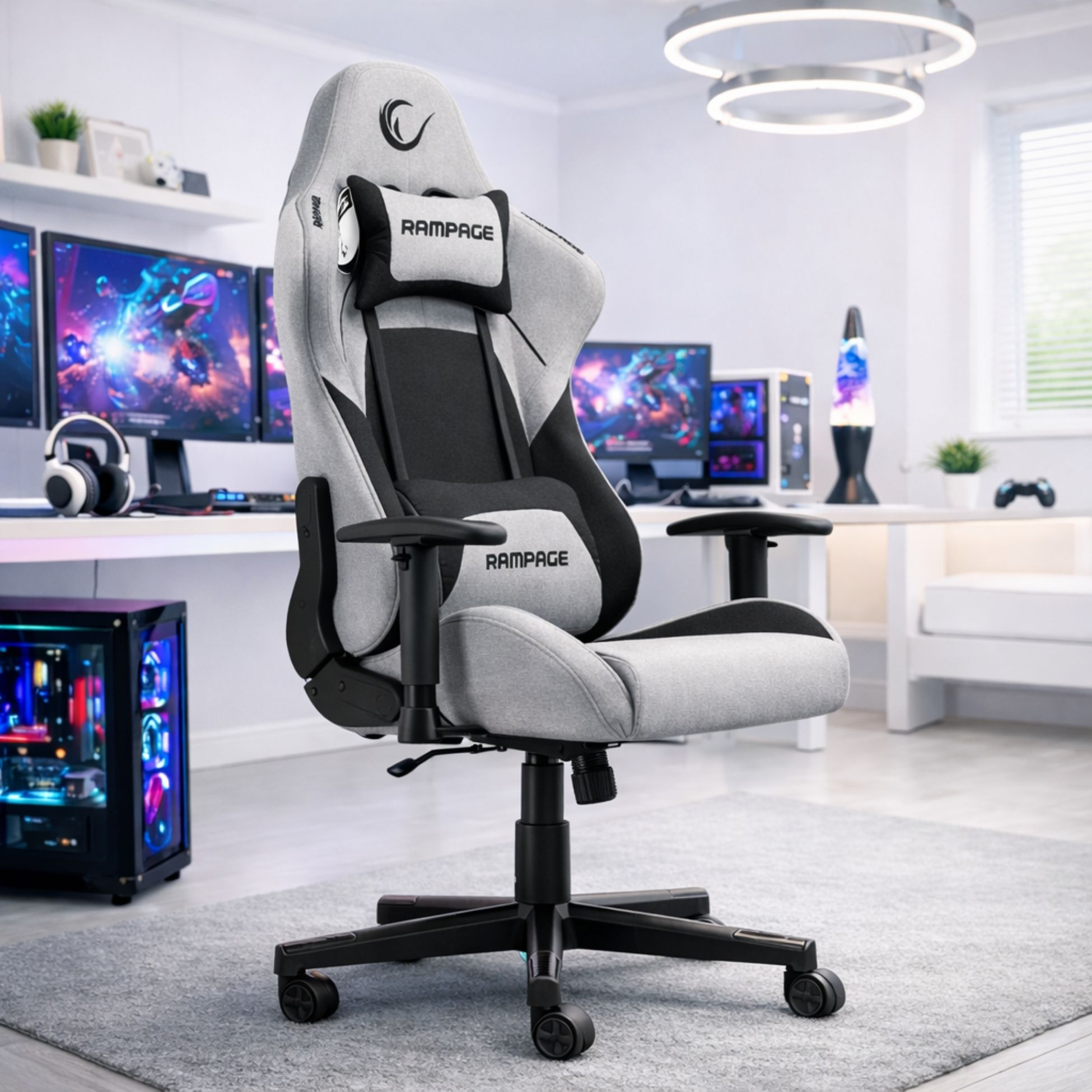 Monitörler ve PC'nin olduğu aydınlık odada gri bir oyuncu koltuğu.