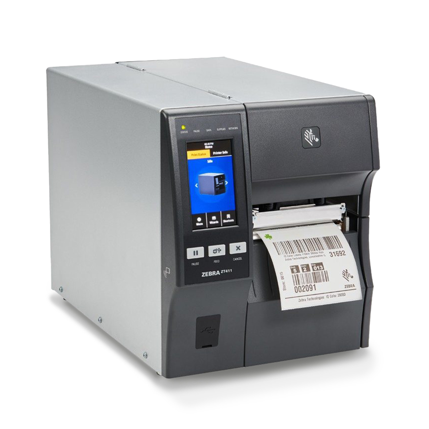 Gri ve siyah Zebra etiket yazıcı, LCD ekran ve basılı etiketli.