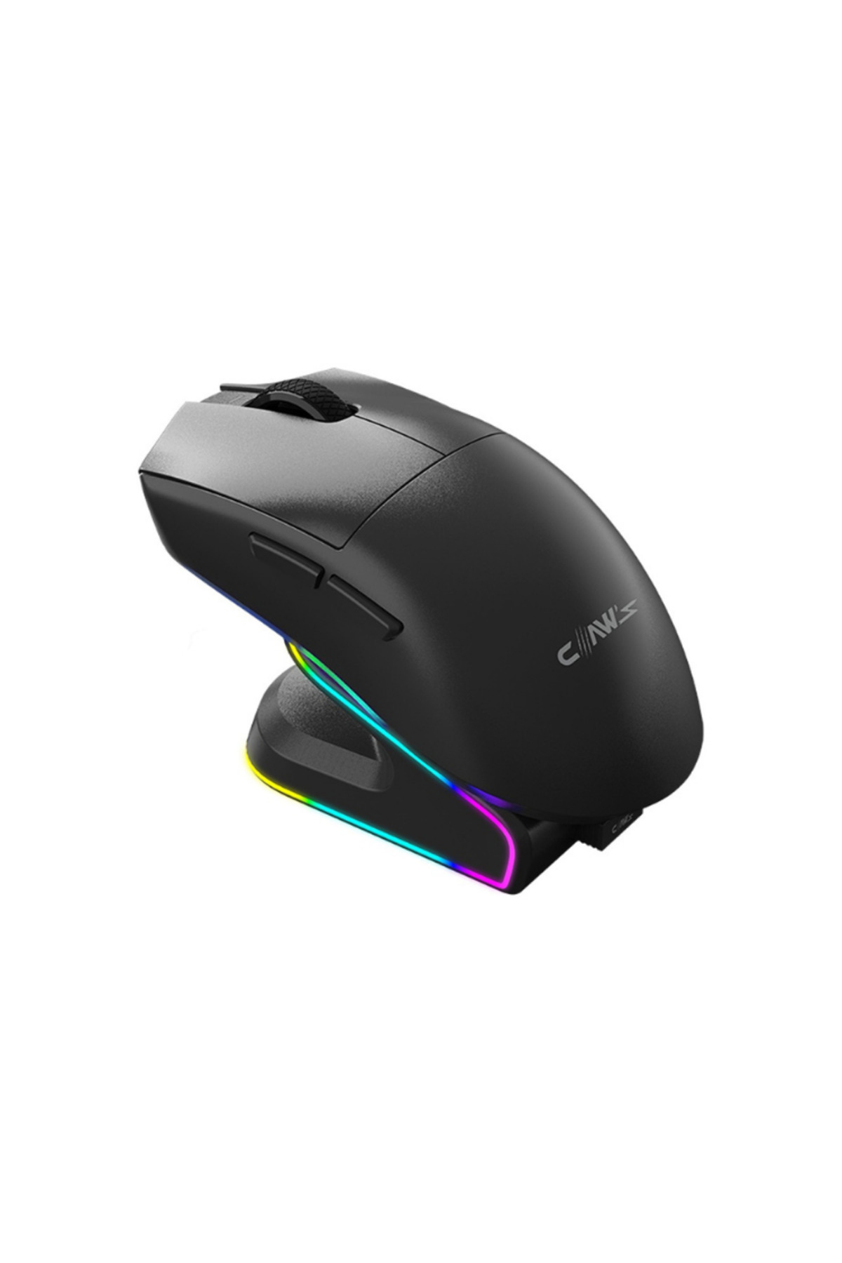 Siyah oyuncu faresi, stand üzerinde RGB aydınlatmalı.