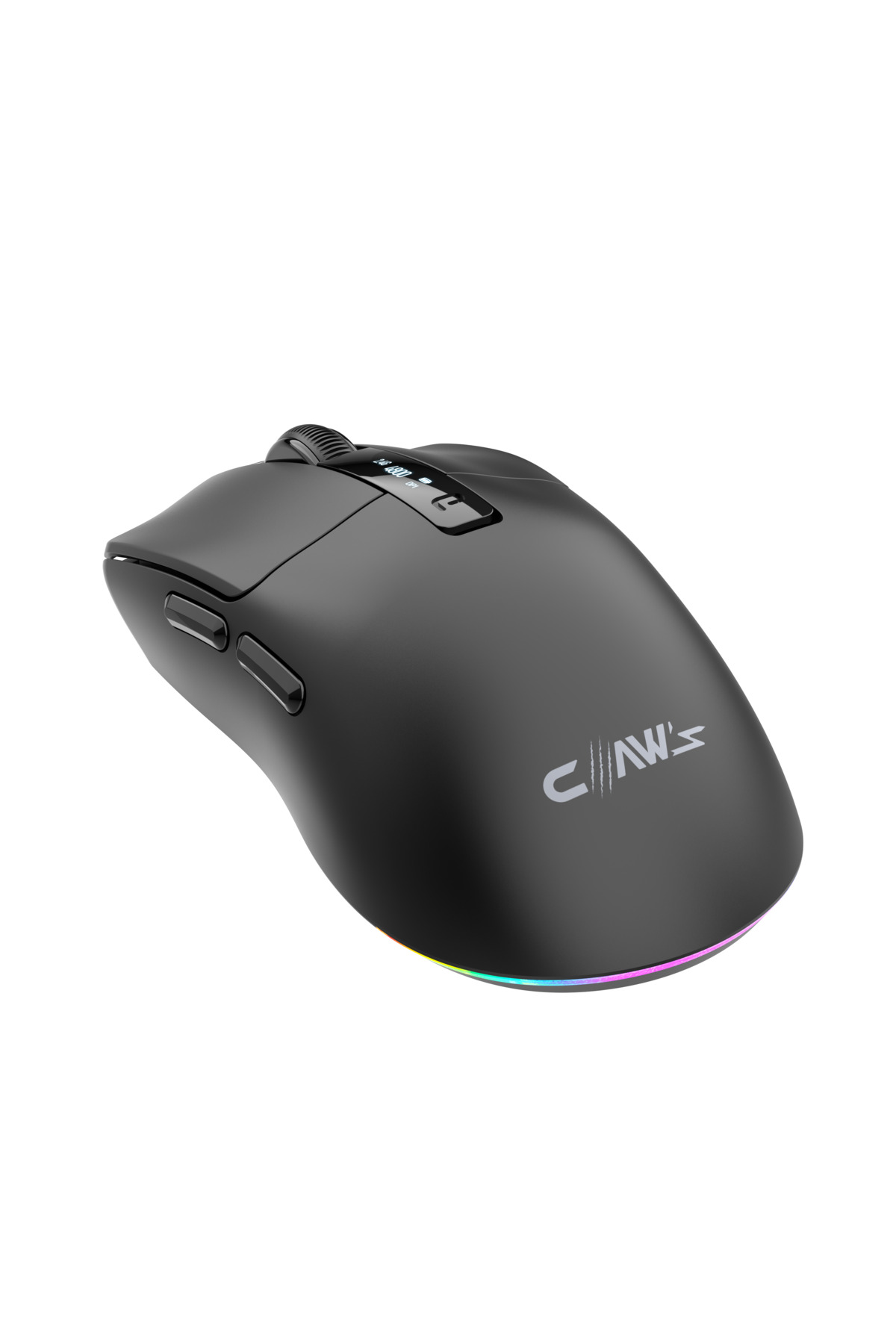 Altta RGB aydınlatmalı ve dijital ekranlı siyah bilgisayar faresi.