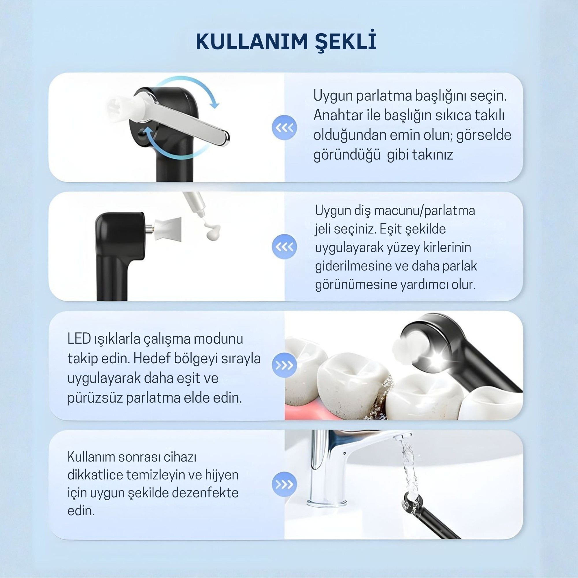 Kullanım: Başlık seçin, macun uygulayın, dişleri parlatın, cihazı temizleyin.