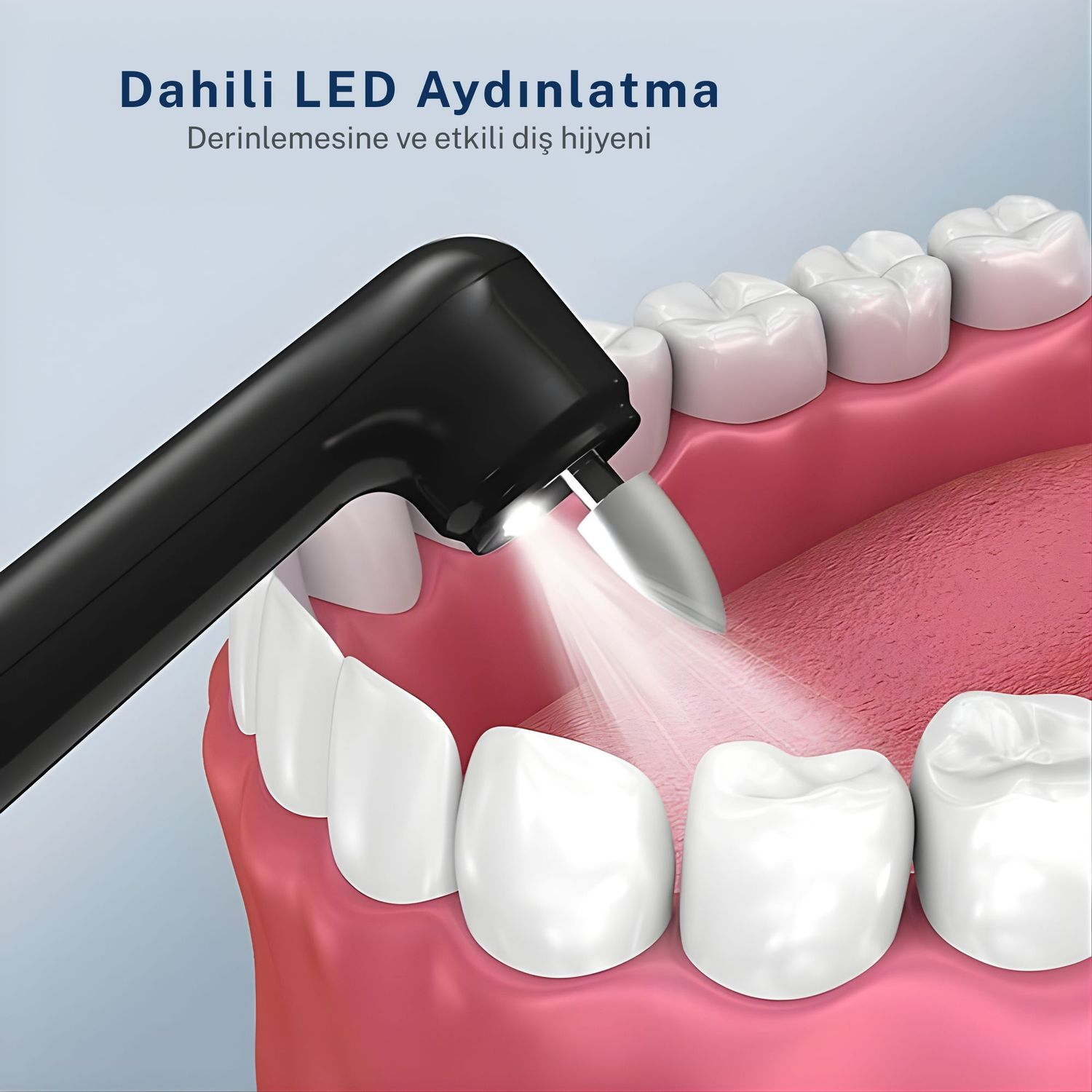 LED ışıklı siyah cihaz, ağızdaki beyaz dişleri temizliyor.