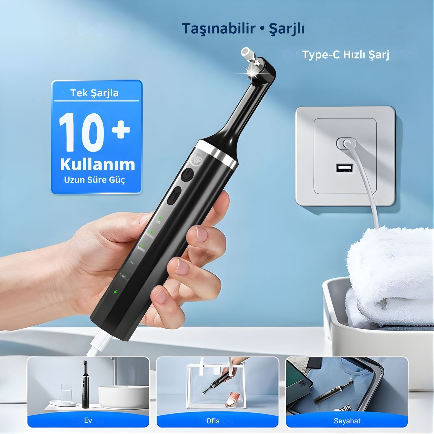 USB-C şarj cihazıyla prize takılı siyah elektrikli diş fırçası başlığı.