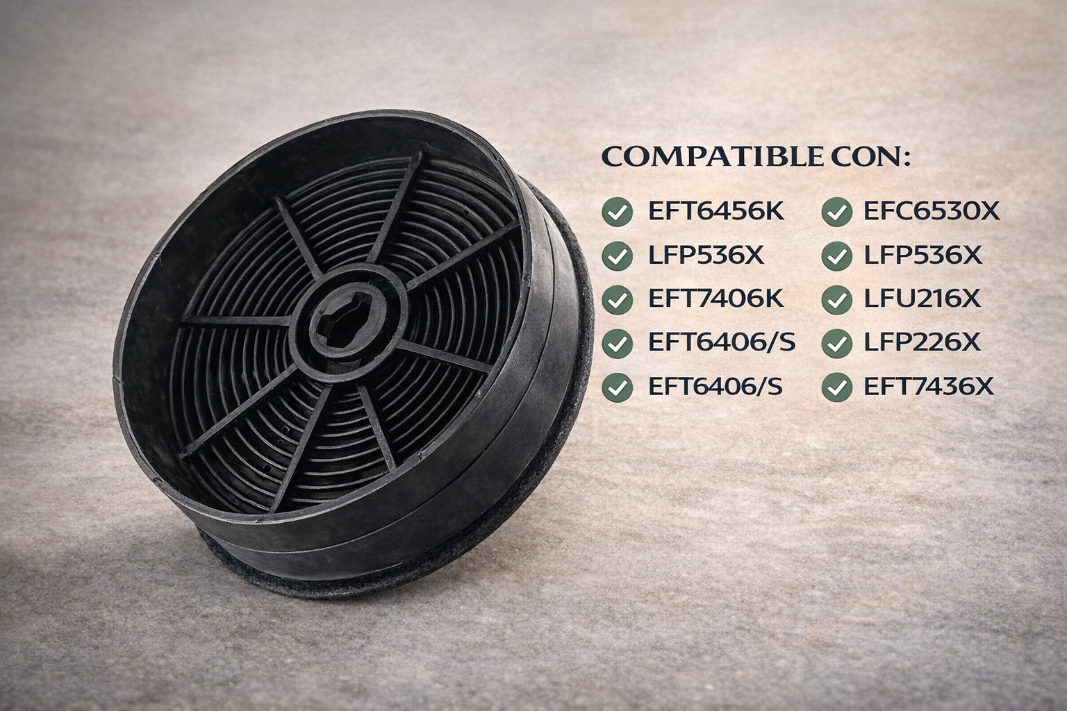 Filtro de carbón negro sobre superficie gris con lista de compatibilidad.