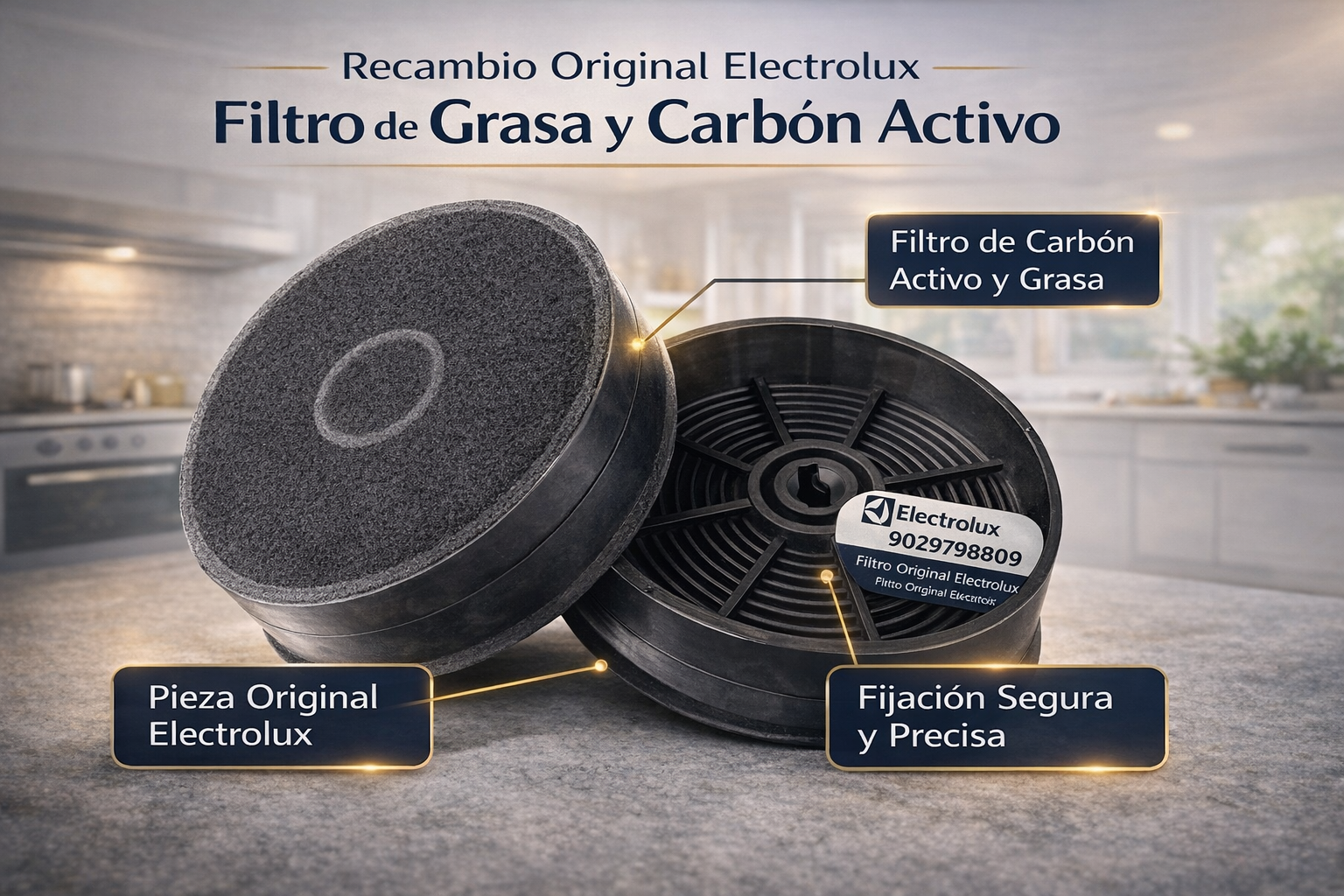 Dos filtros redondos de grasa y carbón activo para electrodomésticos Electrolux.