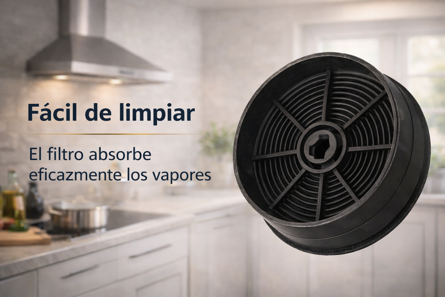 Un filtro redondo de carbón activado negro para una campana extractora en una cocina.