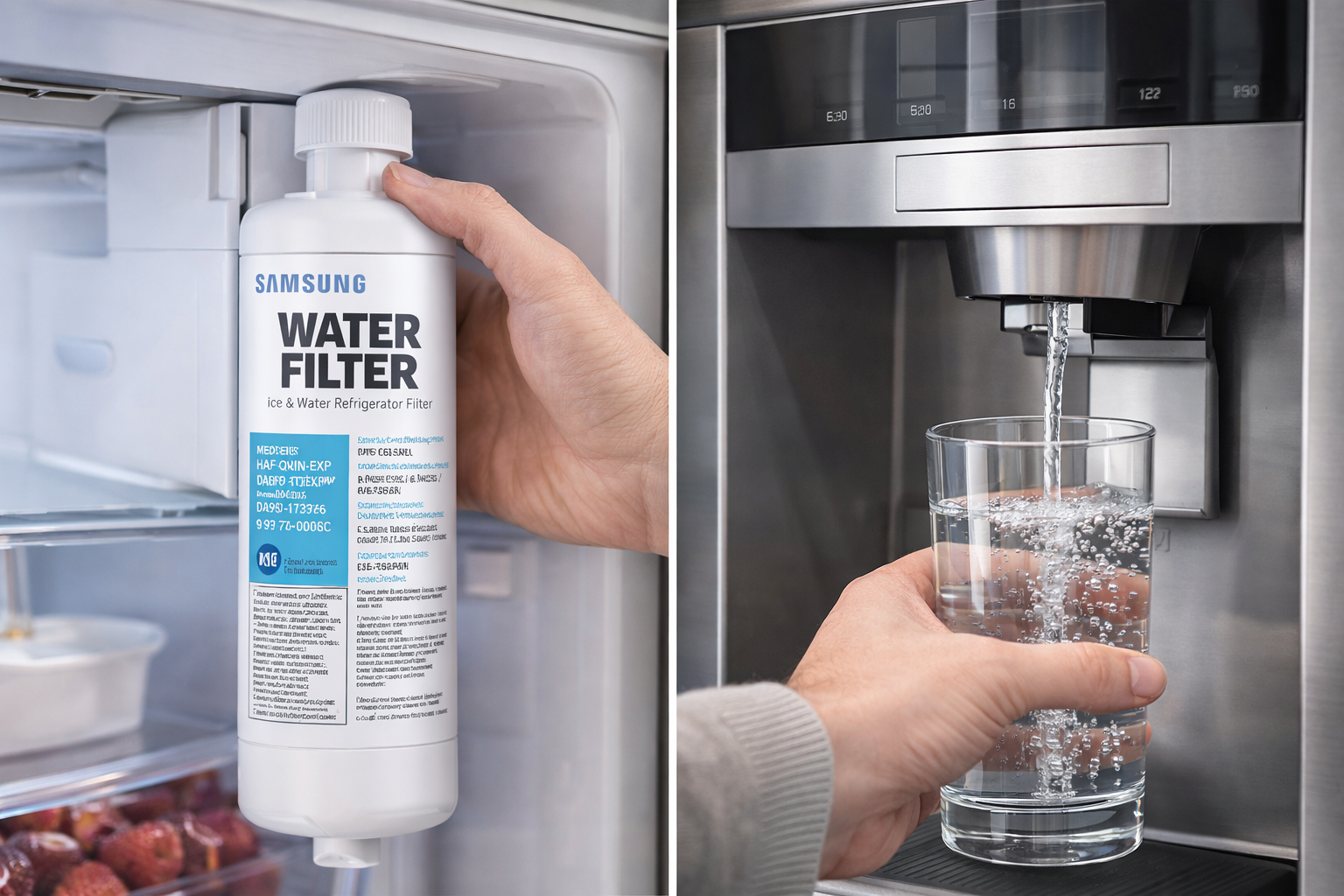 Una mano inserta un filtro de agua en un refrigerador; al lado, agua llena un vaso.