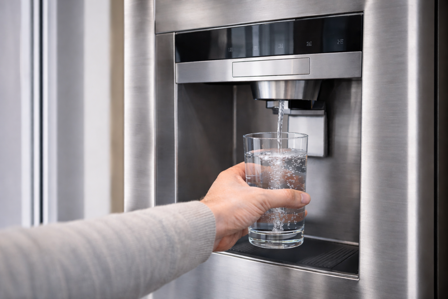 Una mano sostiene un vaso bajo un dispensador de agua que se llena.