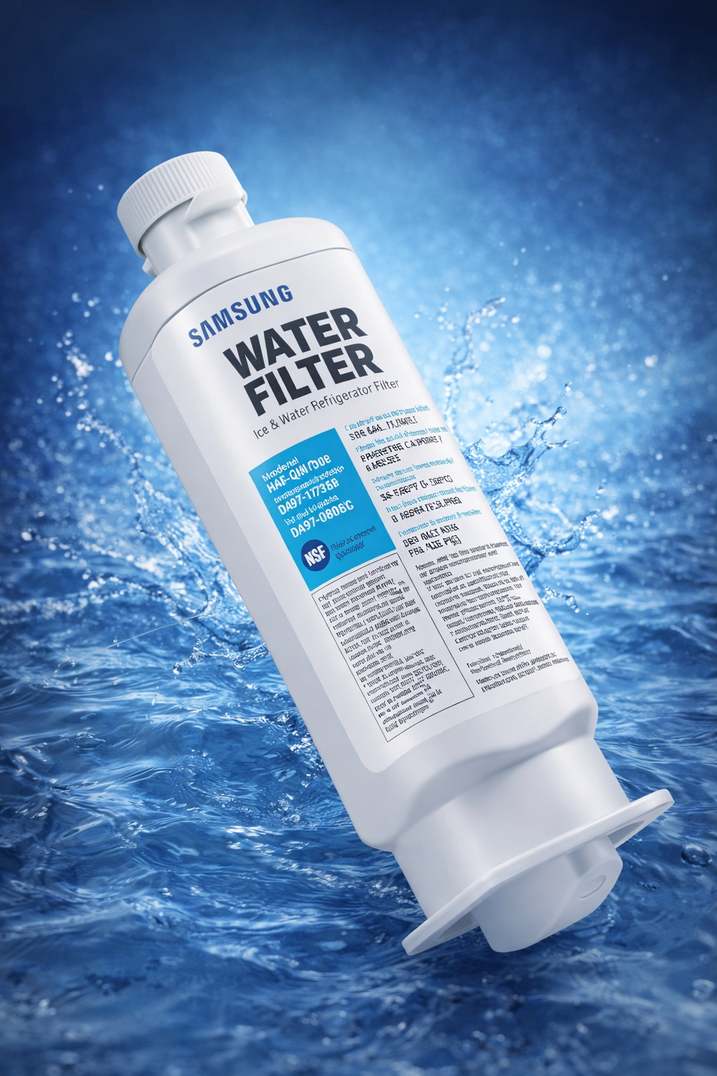 Un filtro de agua Samsung blanco emerge del agua azul.
