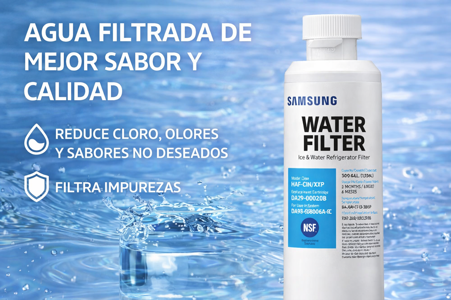Filtro de agua Samsung para refrigeradores con hielo y agua. Reduce cloro, olores e impurezas.