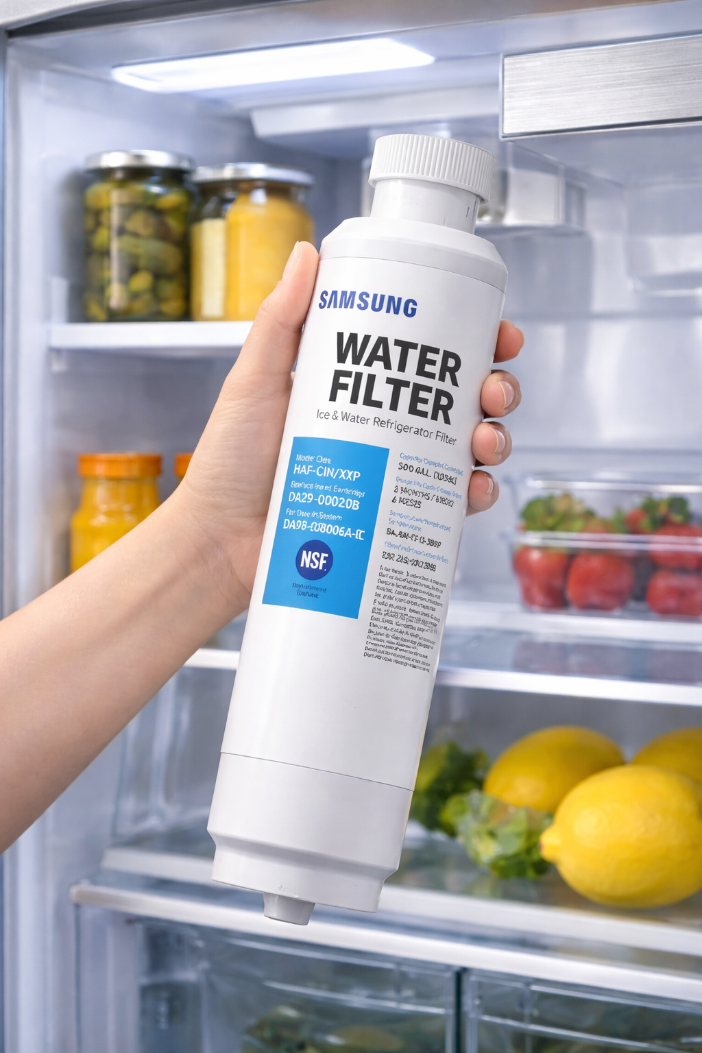 Una mano sostiene un filtro de agua Samsung frente a un refrigerador abierto con alimentos.