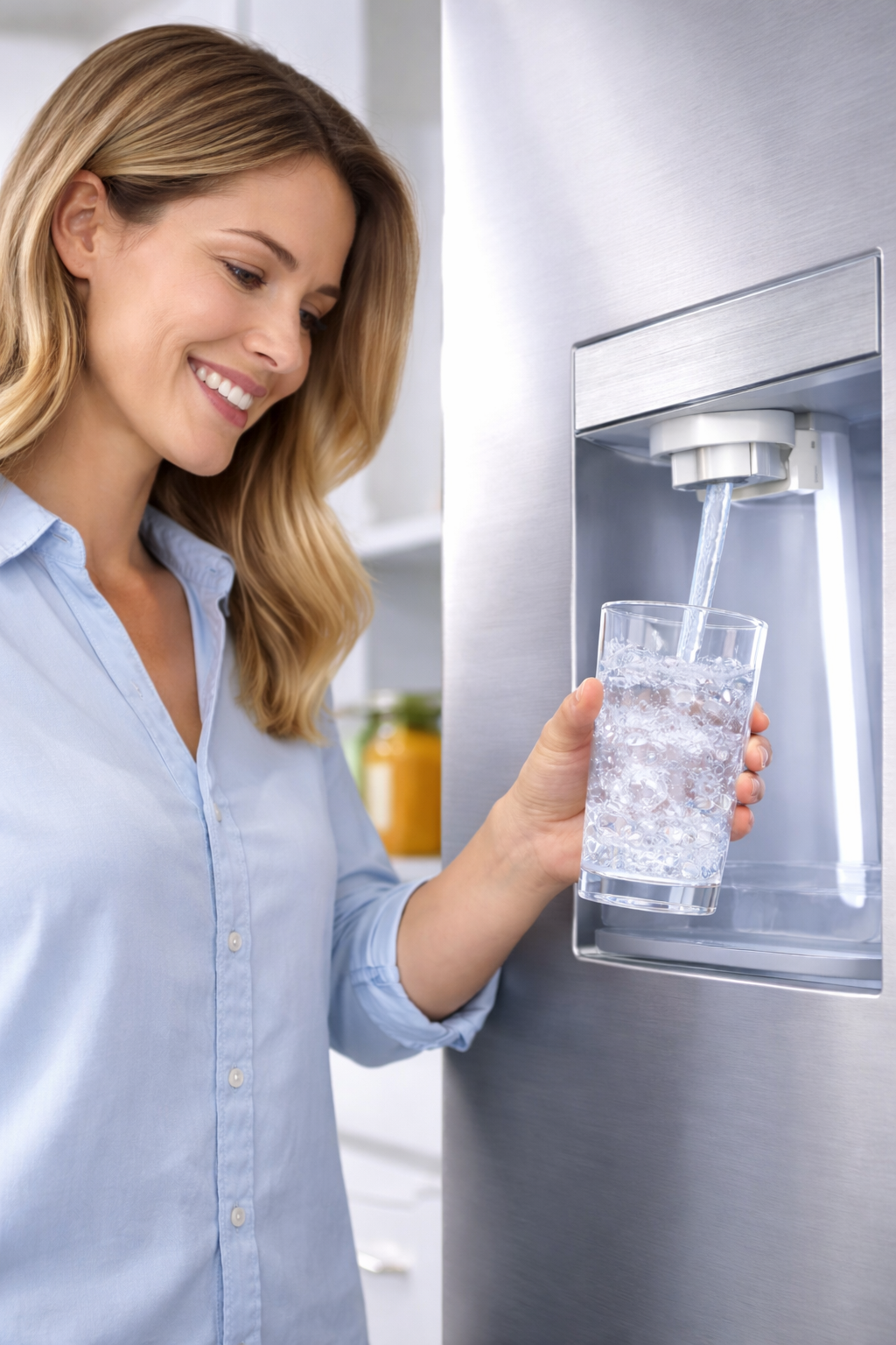 Mujer sirve agua con hielo en un vaso de un refrigerador plateado.