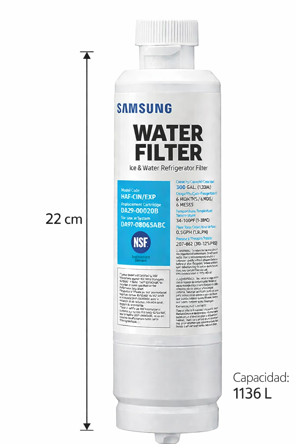 Filtro de agua Samsung, modelo HAF-CIN/EXP, capacidad de 300 galones, certificado NSF.