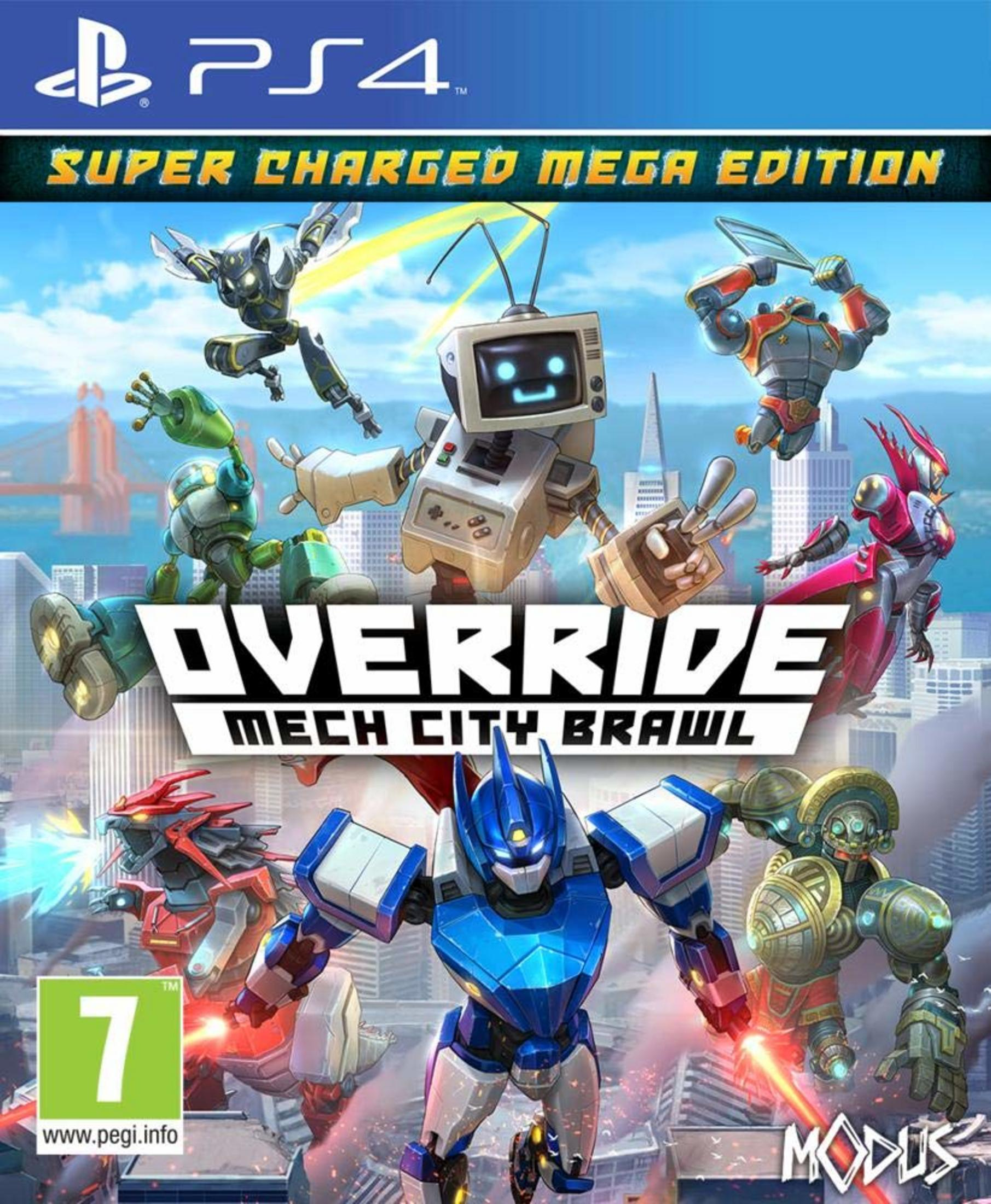 Copertina gioco PS4: Robot che combattono in una città. Presenta "Override: Mech City Brawl".