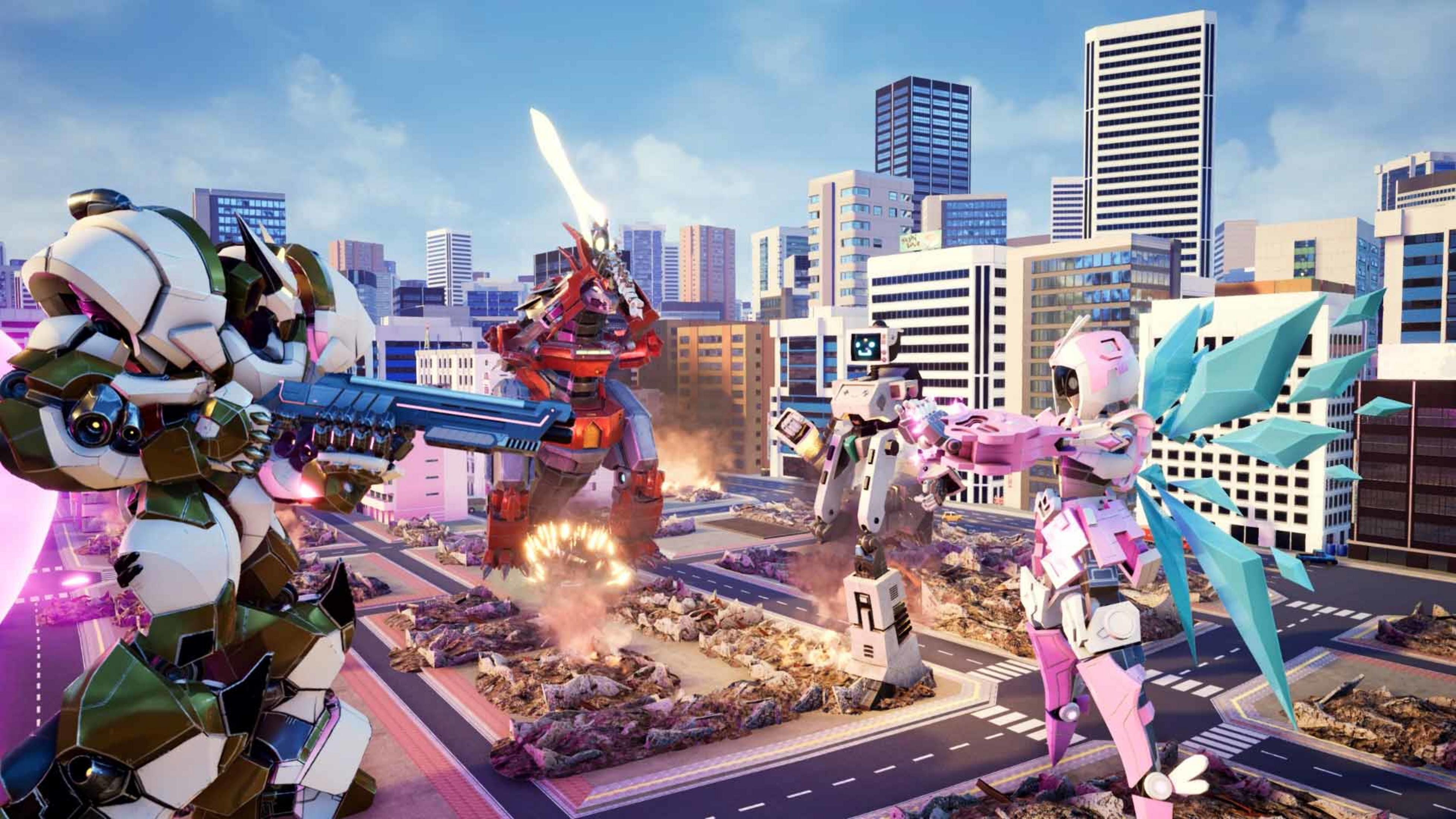 Robot combattono in una città distrutta con grattacieli sullo sfondo.