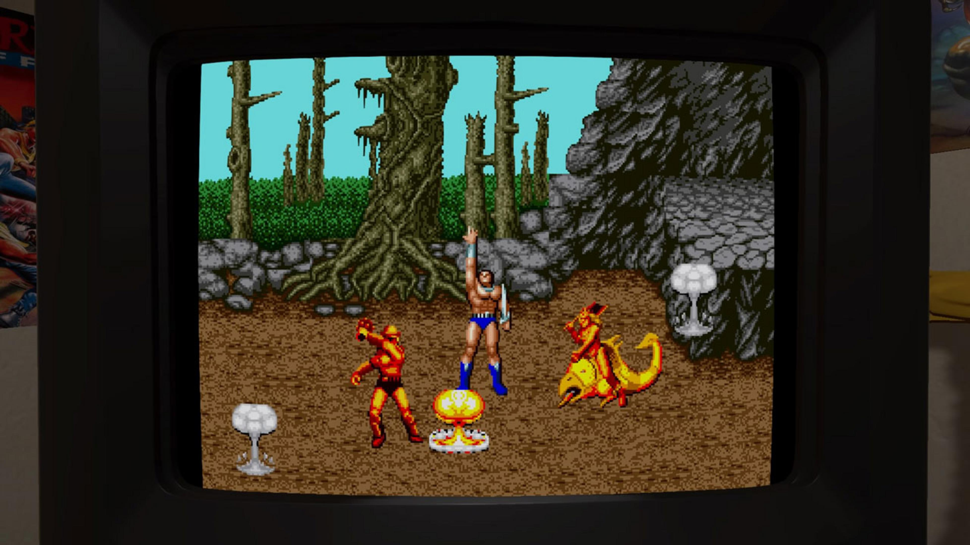 Videospielszene mit Krieger, Monster und Pilzen in einer Waldlandschaft.