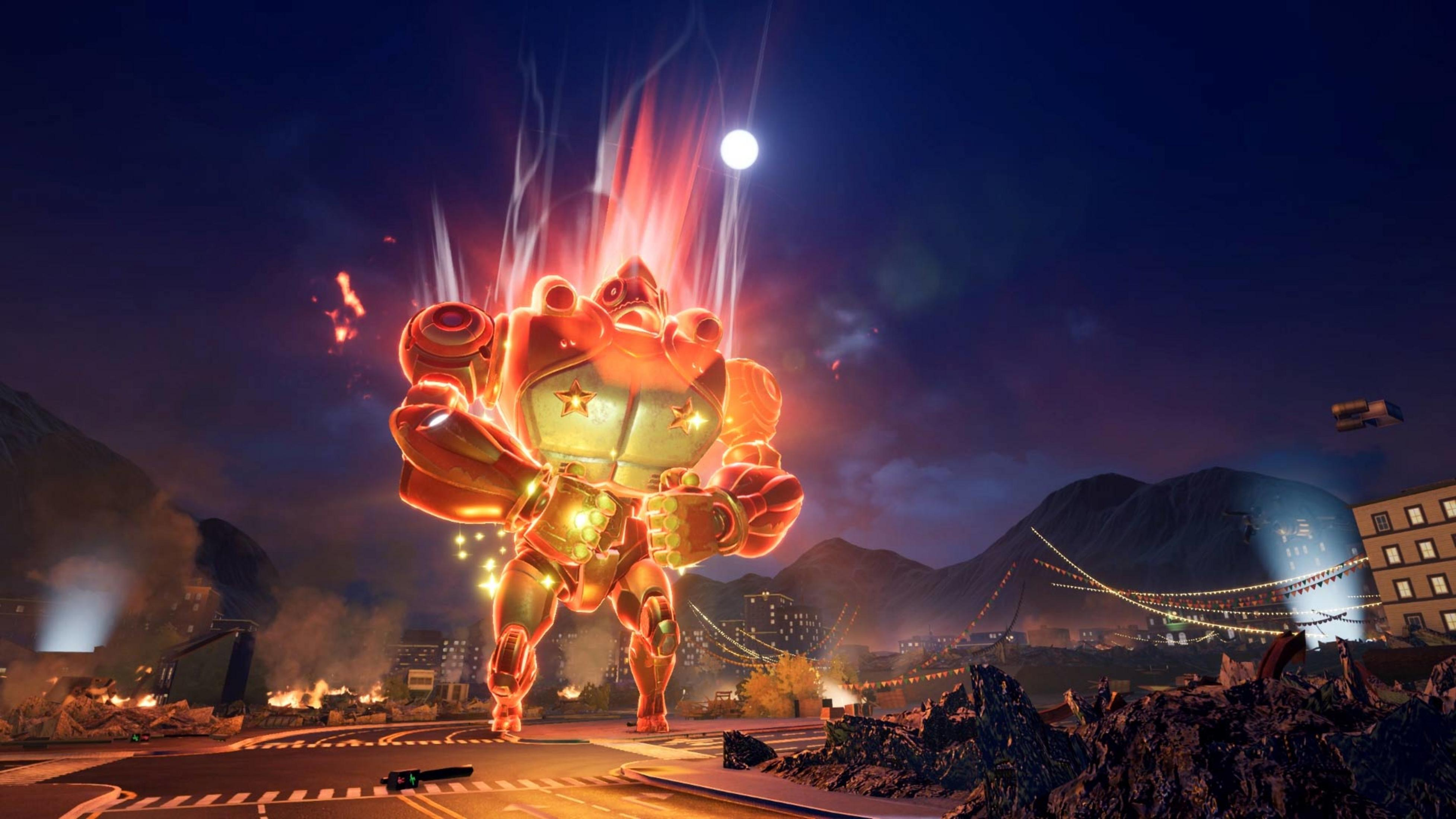 Un robot gigante arancione con fiamme rosse si erge in una città distrutta di notte.