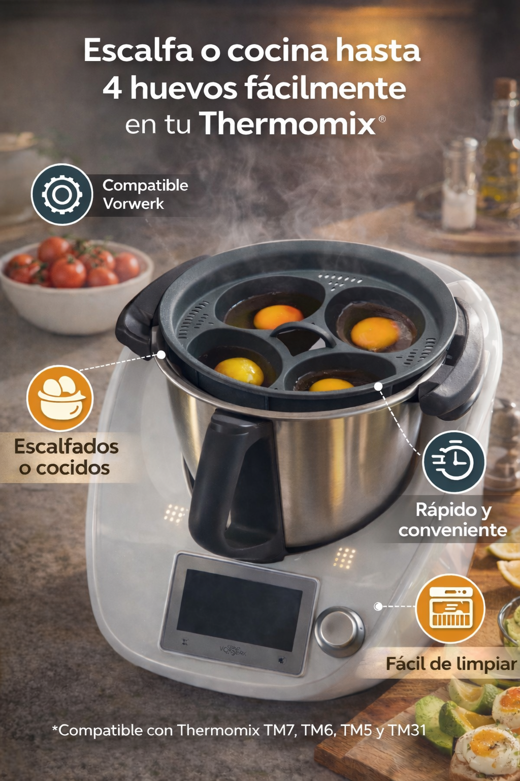 Un Thermomix cocinando hasta 4 huevos al vapor o cocidos en un accesorio.