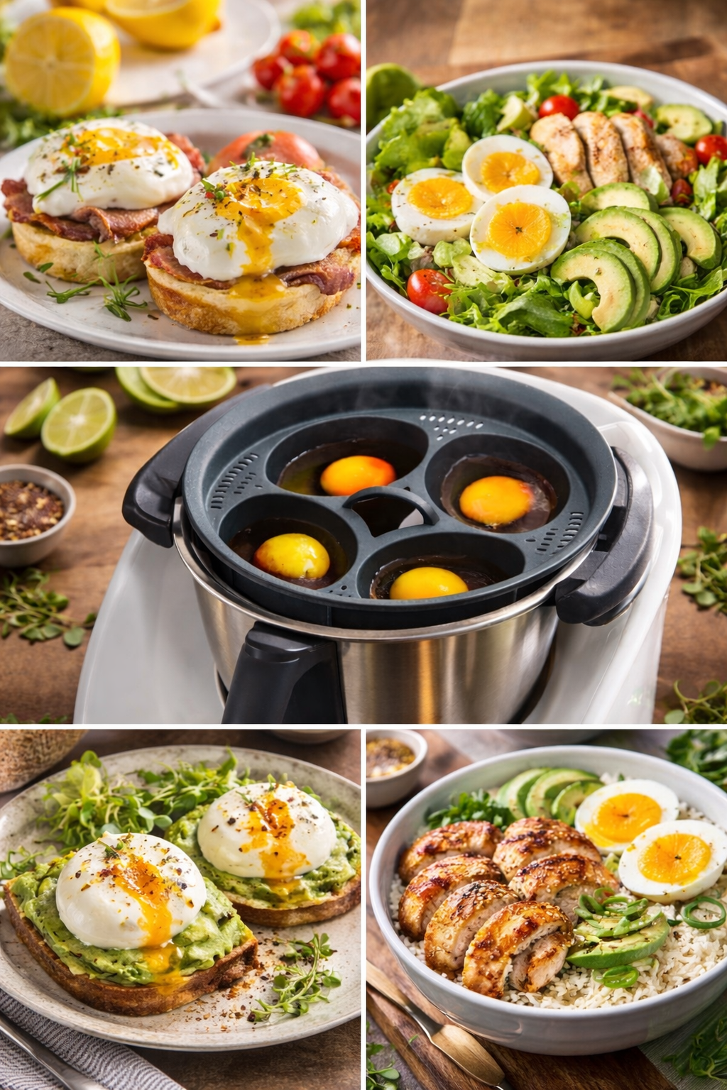 Collage de platos: huevos escalfados en tostada, ensalada de pollo y huevos al vapor.