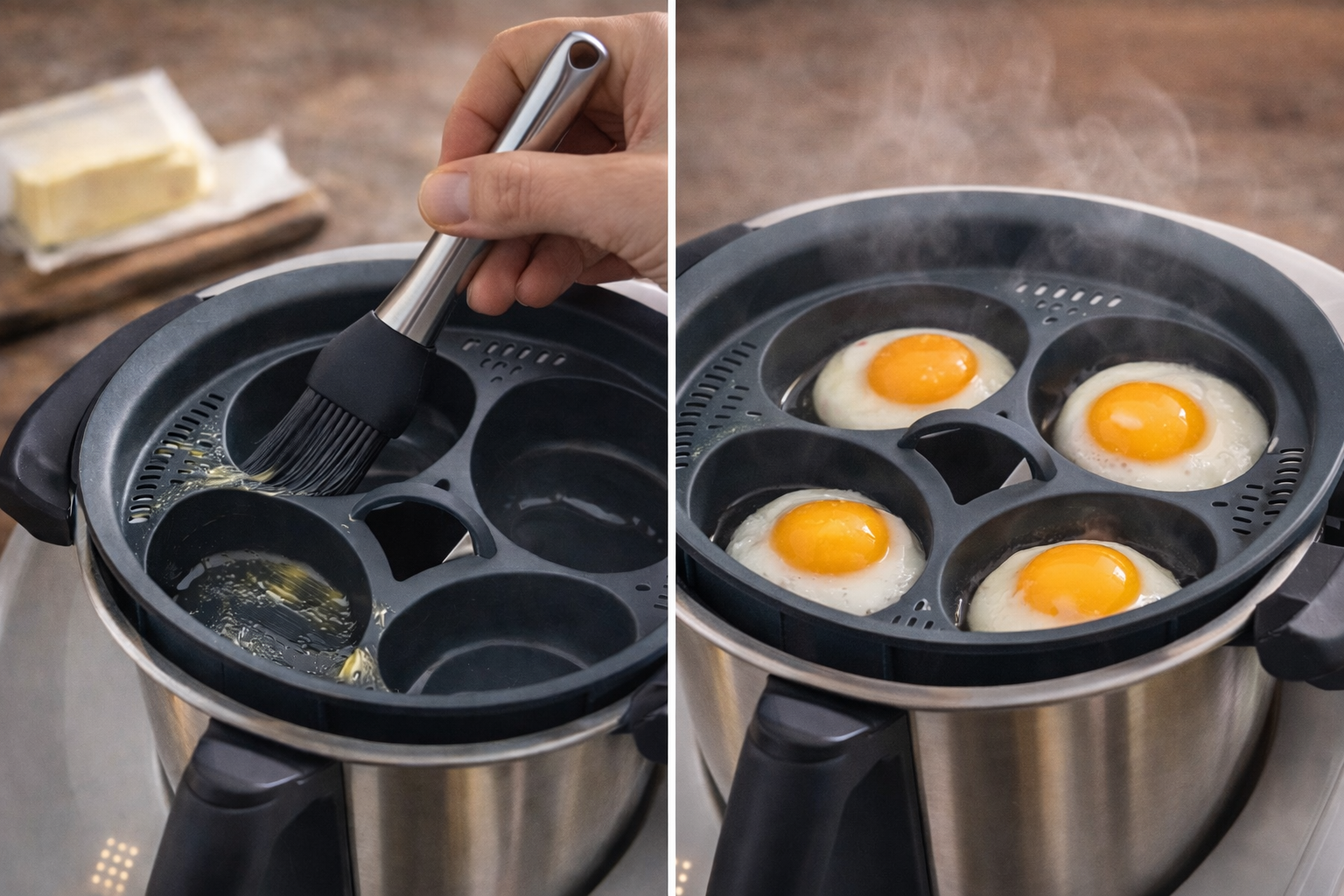 Un pincel engrasa un molde para huevos; al lado, cuatro huevos fritos se cocinan.