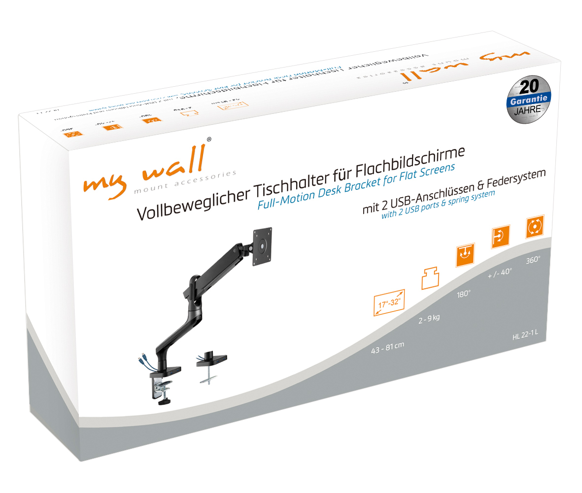 Verpackung eines Schreibtischarms für Flachbildschirme mit USB-Anschlüssen.