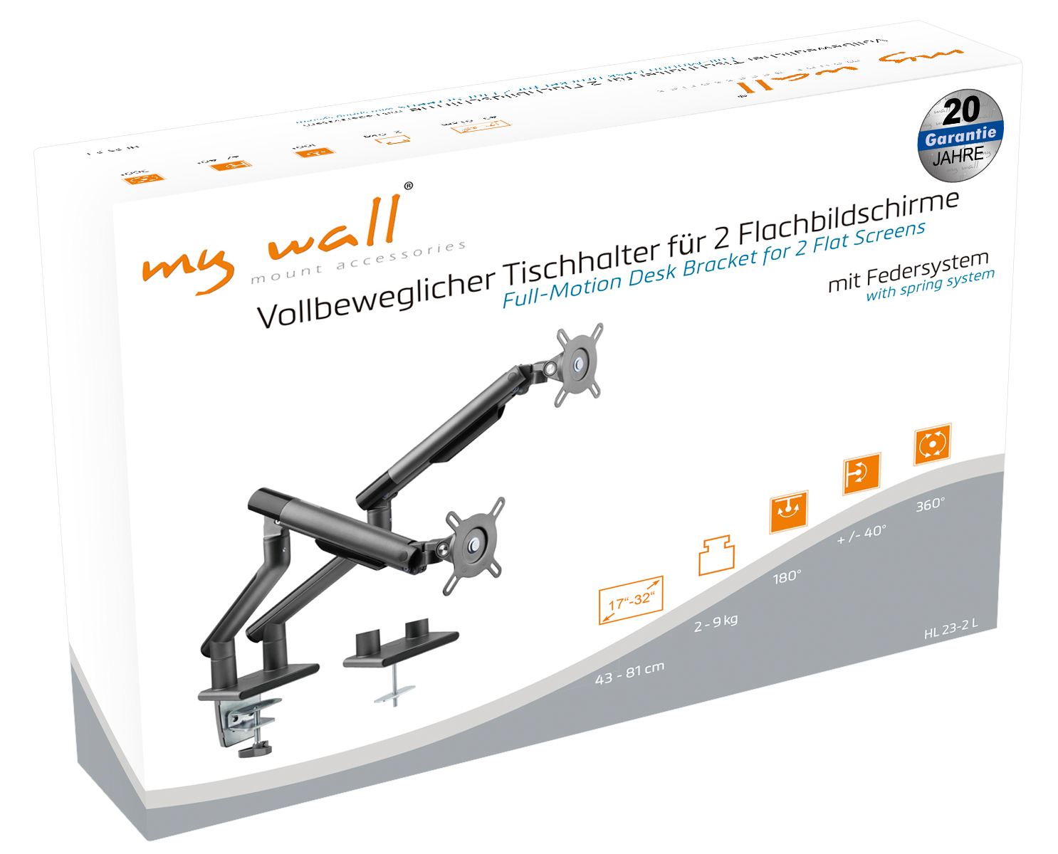 Verpackung eines my wall Schreibtischhalters für 2 Flachbildschirme mit Federarm.