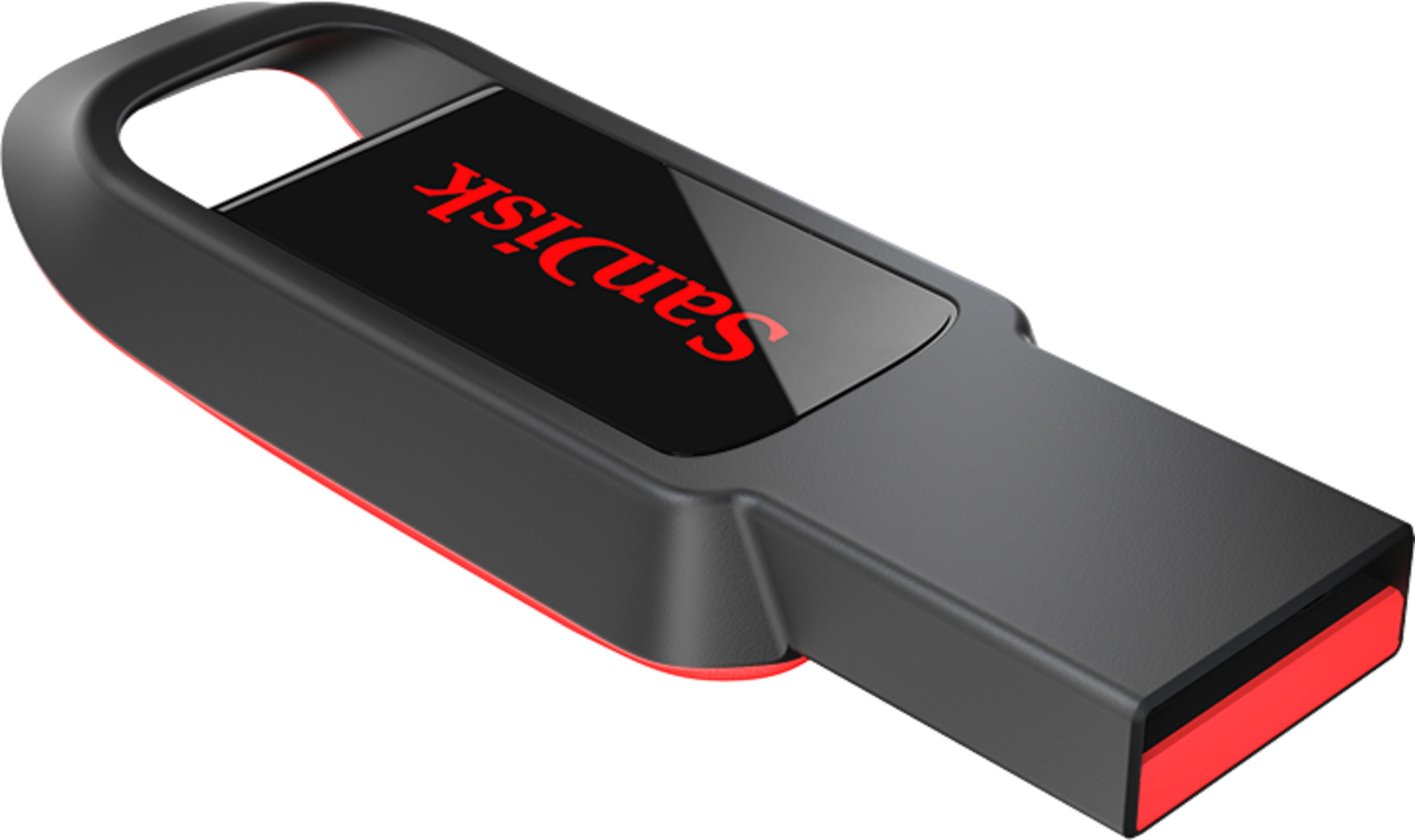 Chiavetta USB nera con bordo rosso e logo SanDisk rosso.