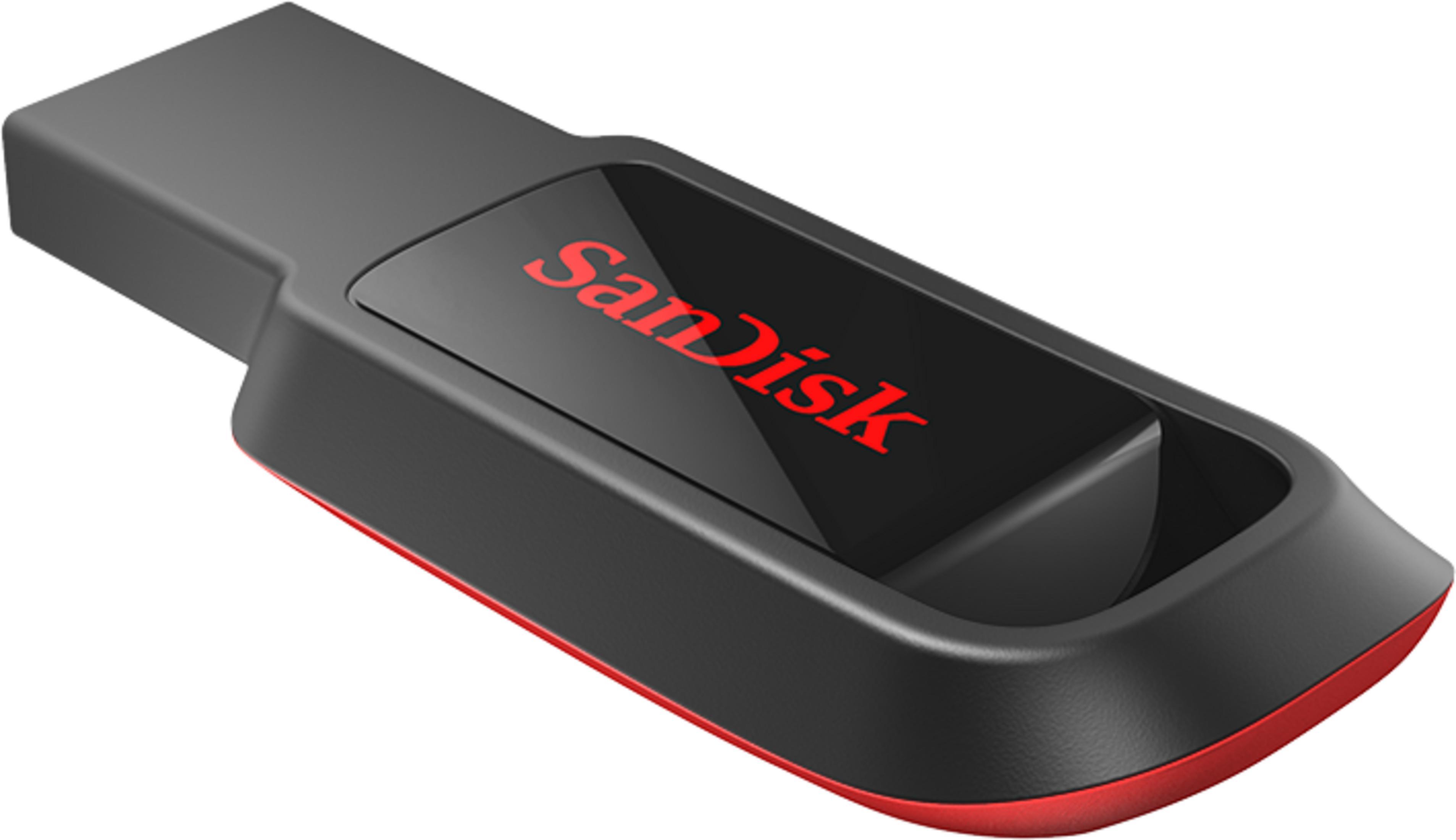 Unità USB SanDisk nera con finitura rossa.