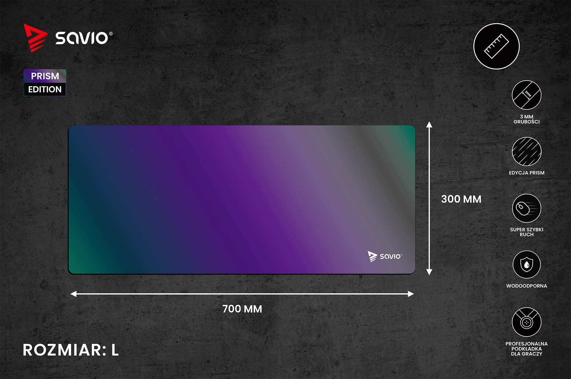 Fioletowo-zielona podkładka pod mysz z logo Savio, 700x300mm.