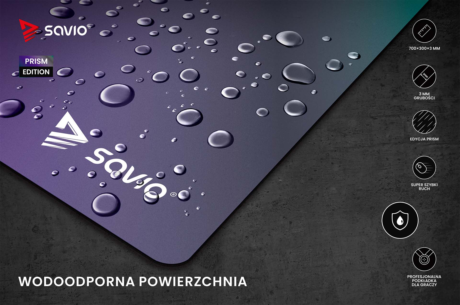 Fioletowa powierzchnia podkładki pod mysz z kroplami wody i logo Savio.