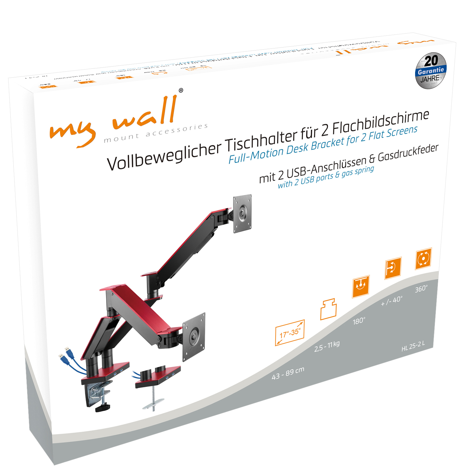 Schwarzer und roter Monitorarm aus Metall mit zwei Bildschirmhalterungen und USB-Kabeln.