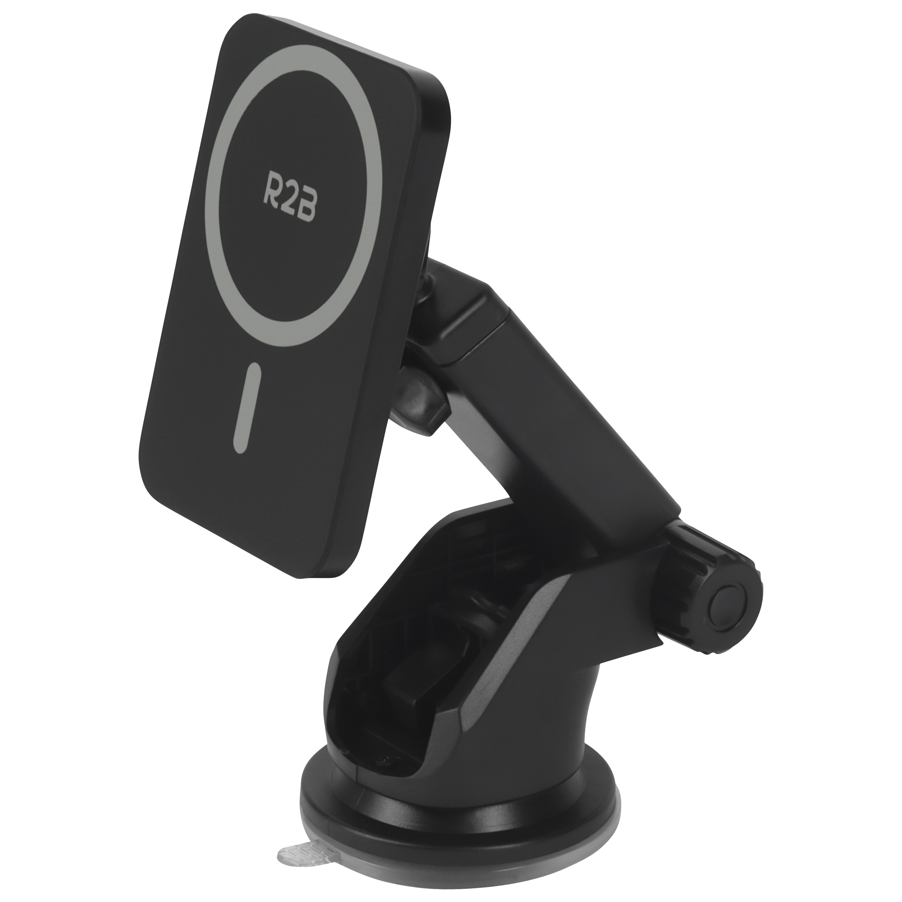 Support noir pour téléphone avec ventouse et logo R2B sur la plaque magnétique.