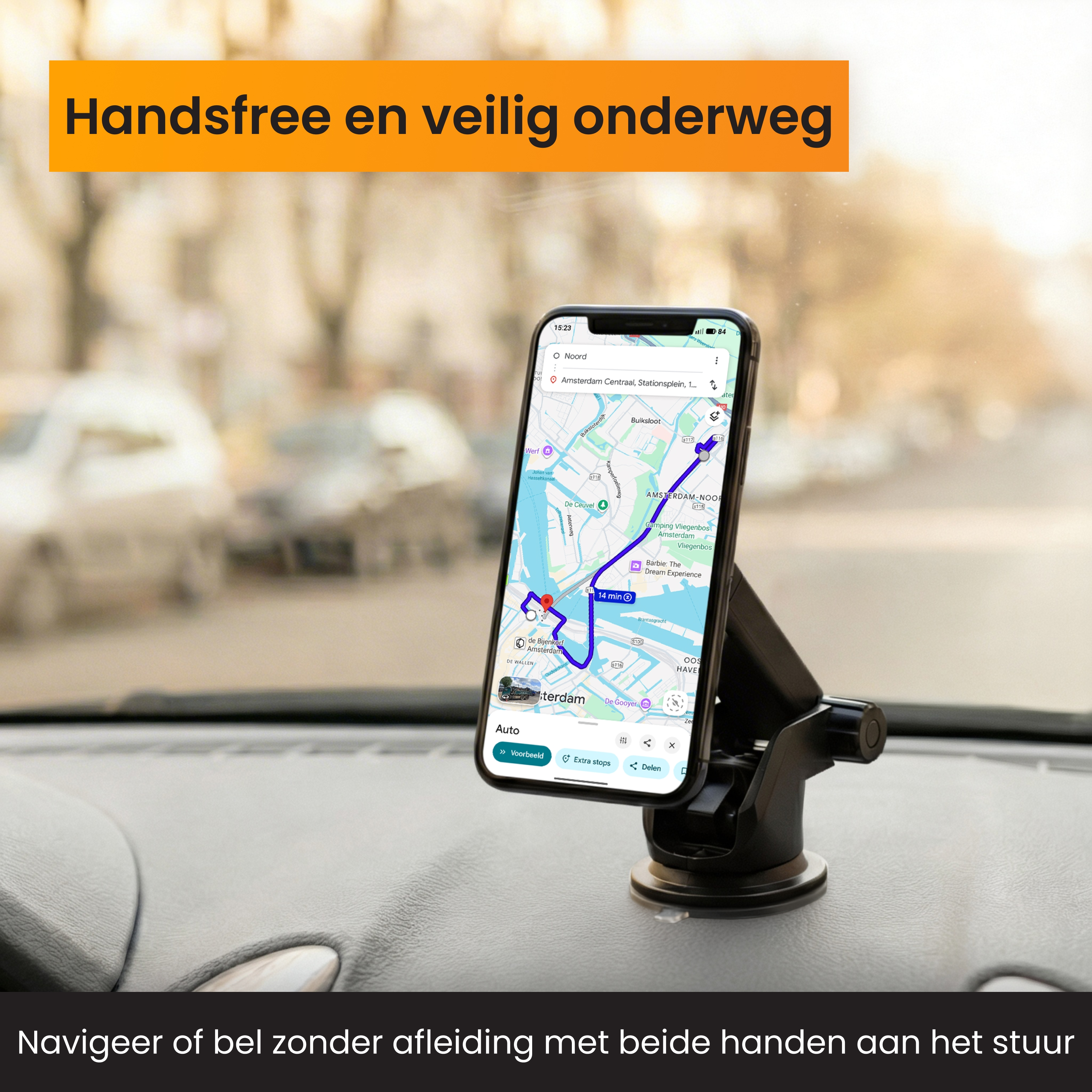 Support de téléphone de voiture affichant une application de navigation avec itinéraire à Amsterdam.