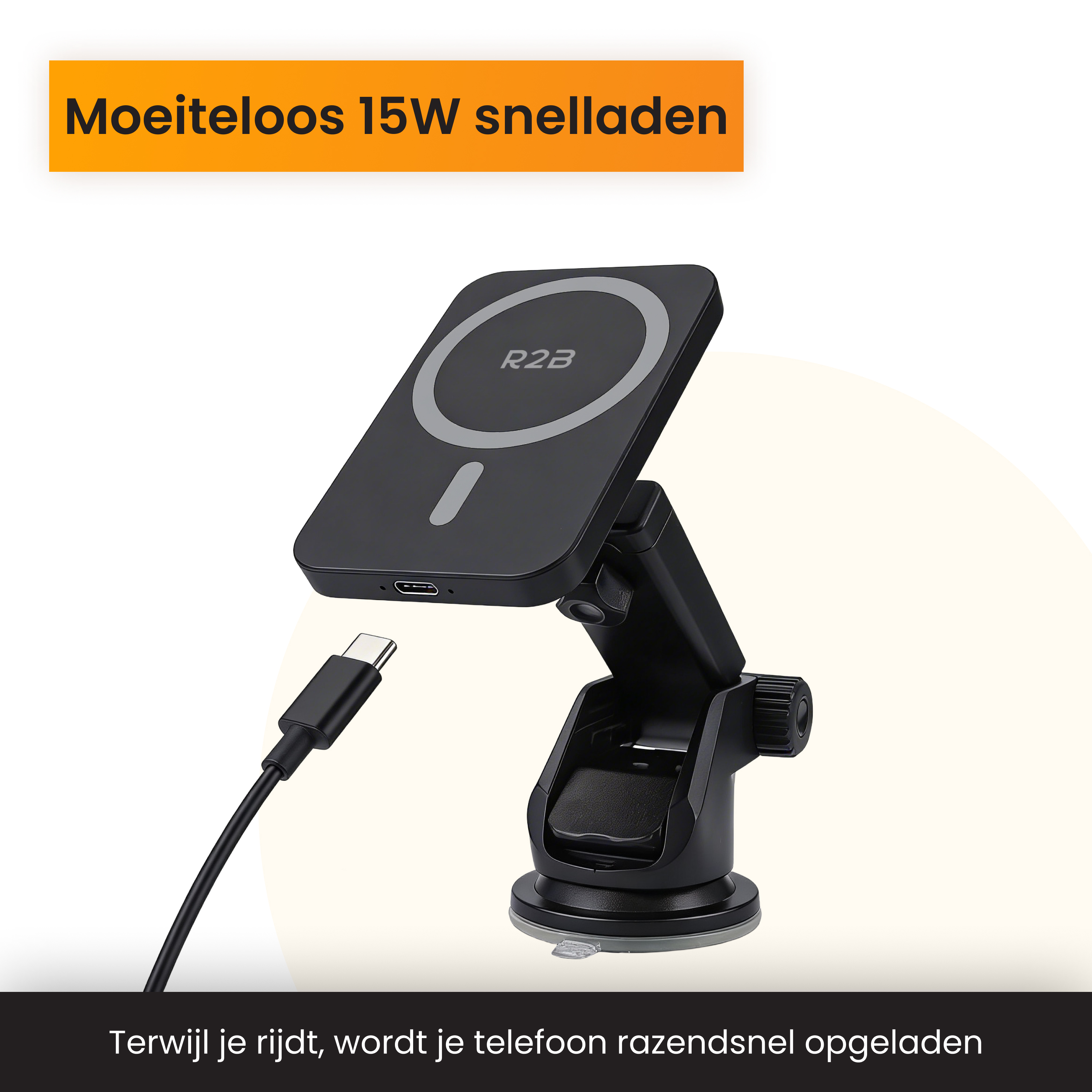 Schwarzes kabelloses Ladegerät mit USB-C-Kabel auf einer Halterung.