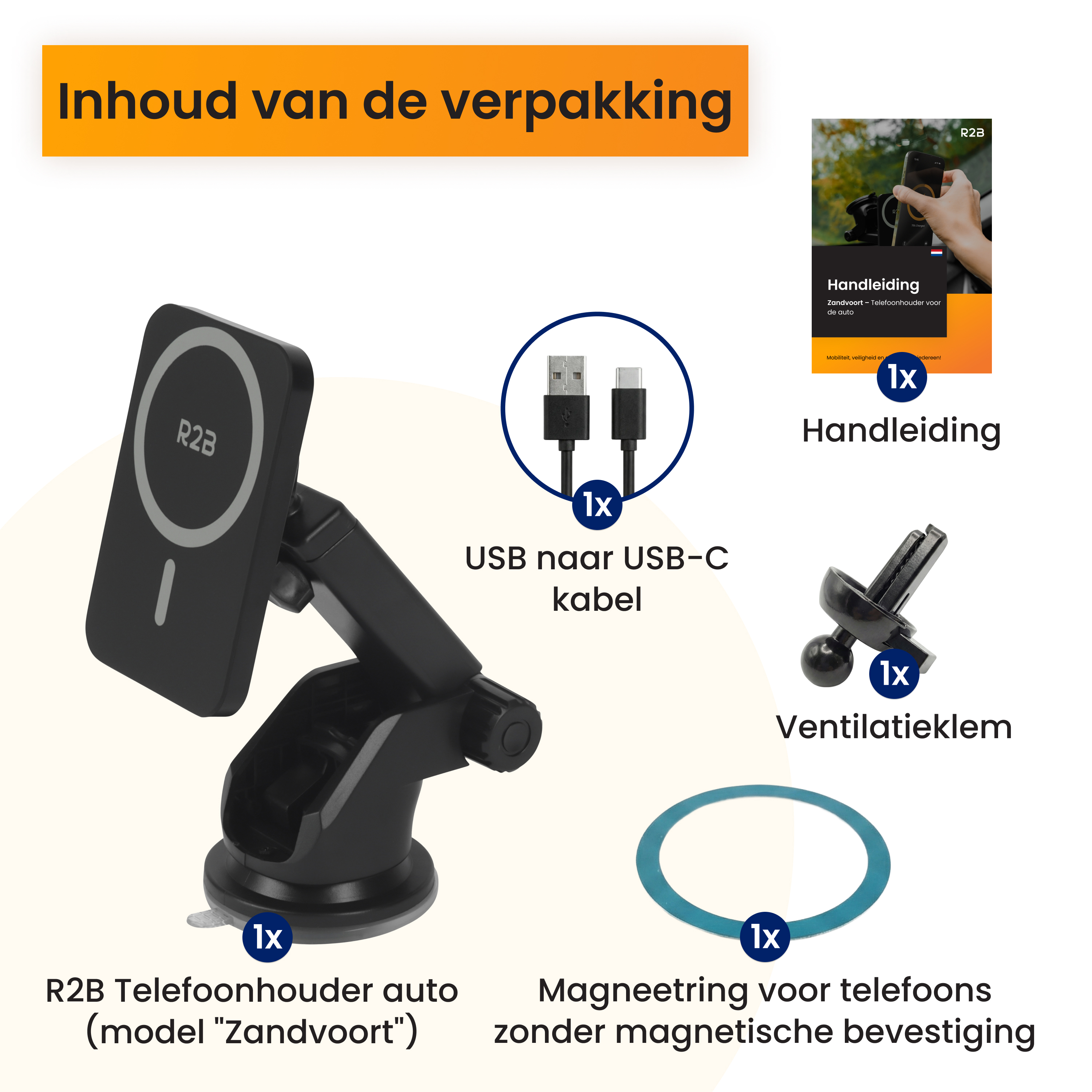 Inhalt der Verpackung: Handyhalterung, USB-C Kabel, Lüftungsklemme, Anleitung, Magnetring.