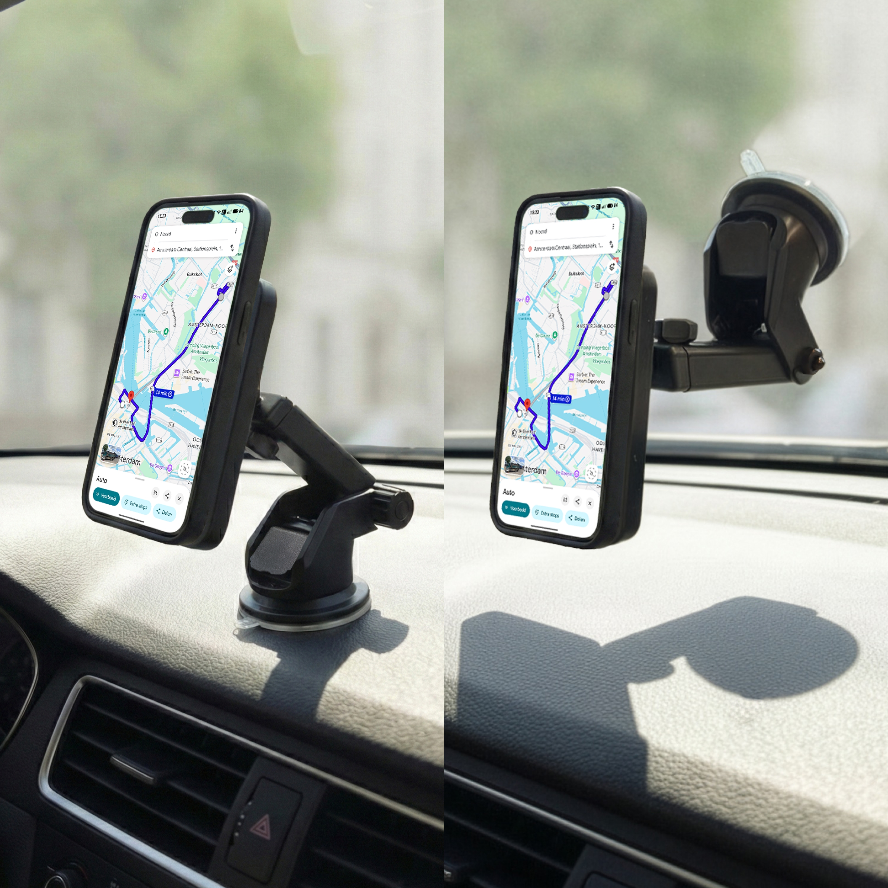 Deux vues d'une voiture avec support de téléphone affichant une application de navigation.