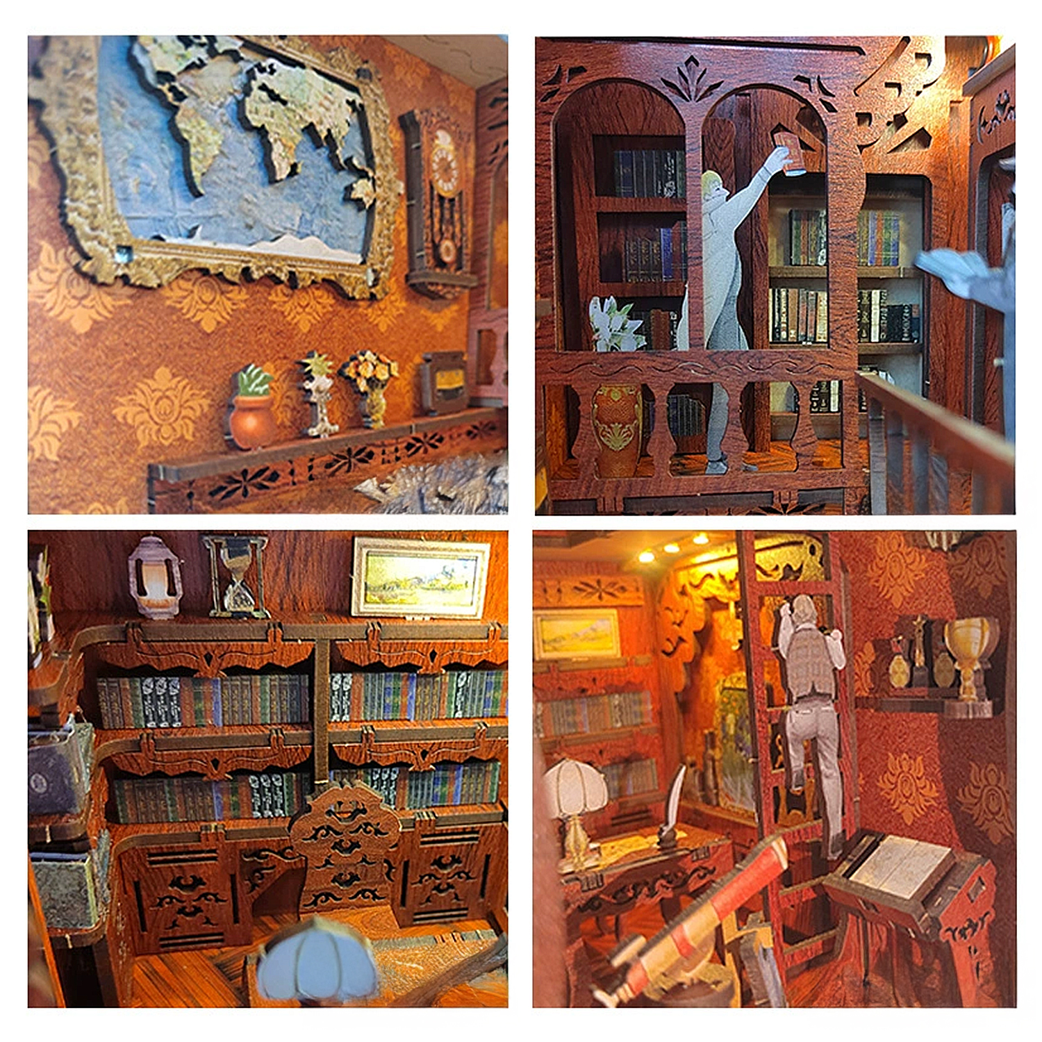 Stanza in miniatura con mappa del mondo, librerie e figure in varie scene.