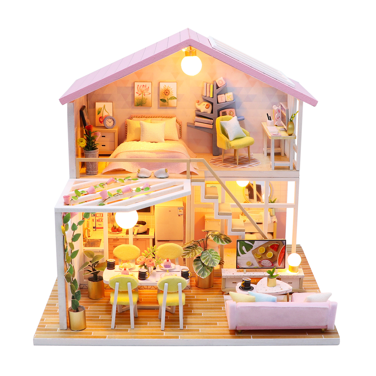 Casa delle bambole con camera da letto, zona pranzo, soggiorno e studio.