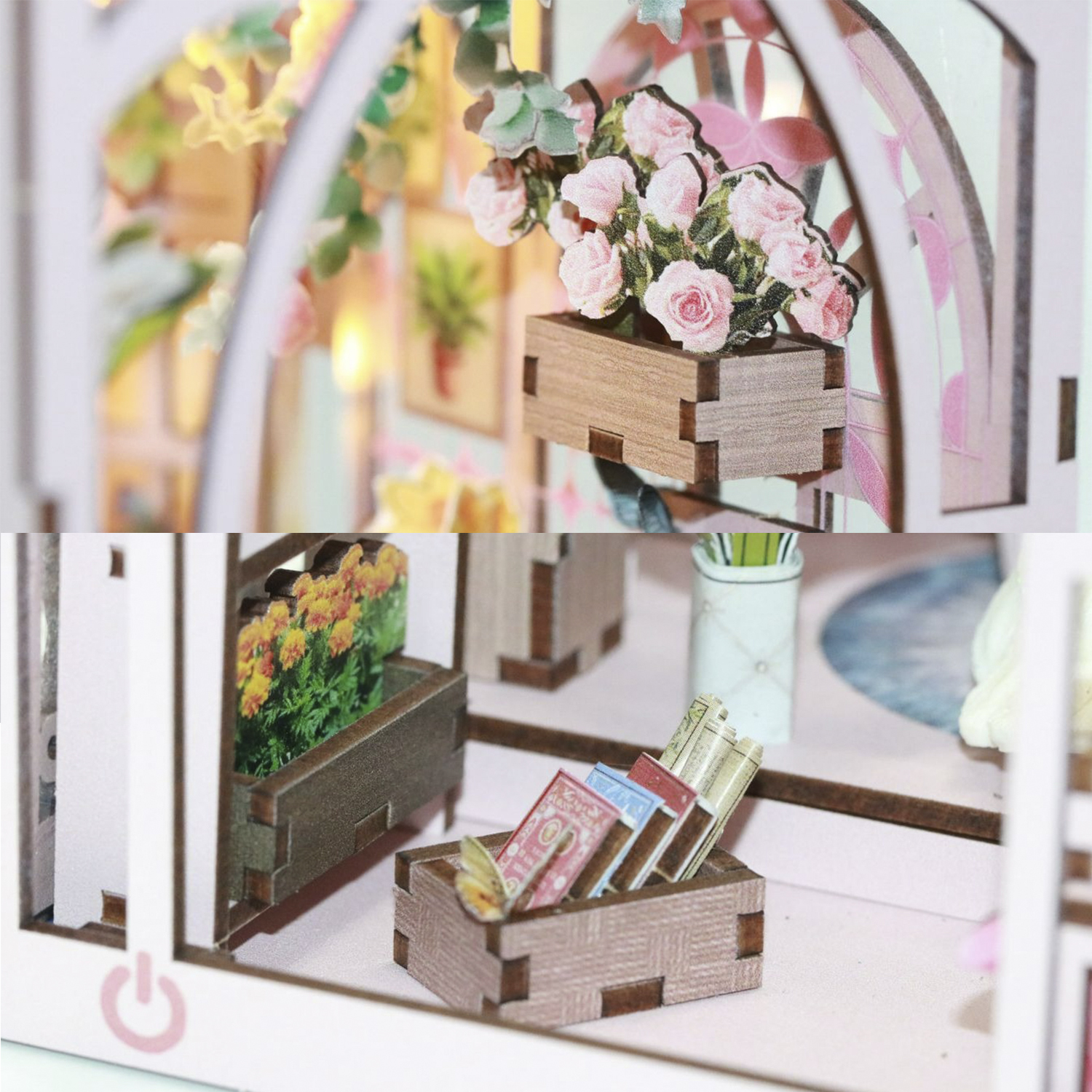 Casetta da giardino in miniatura con fiori, libri e farfalla.