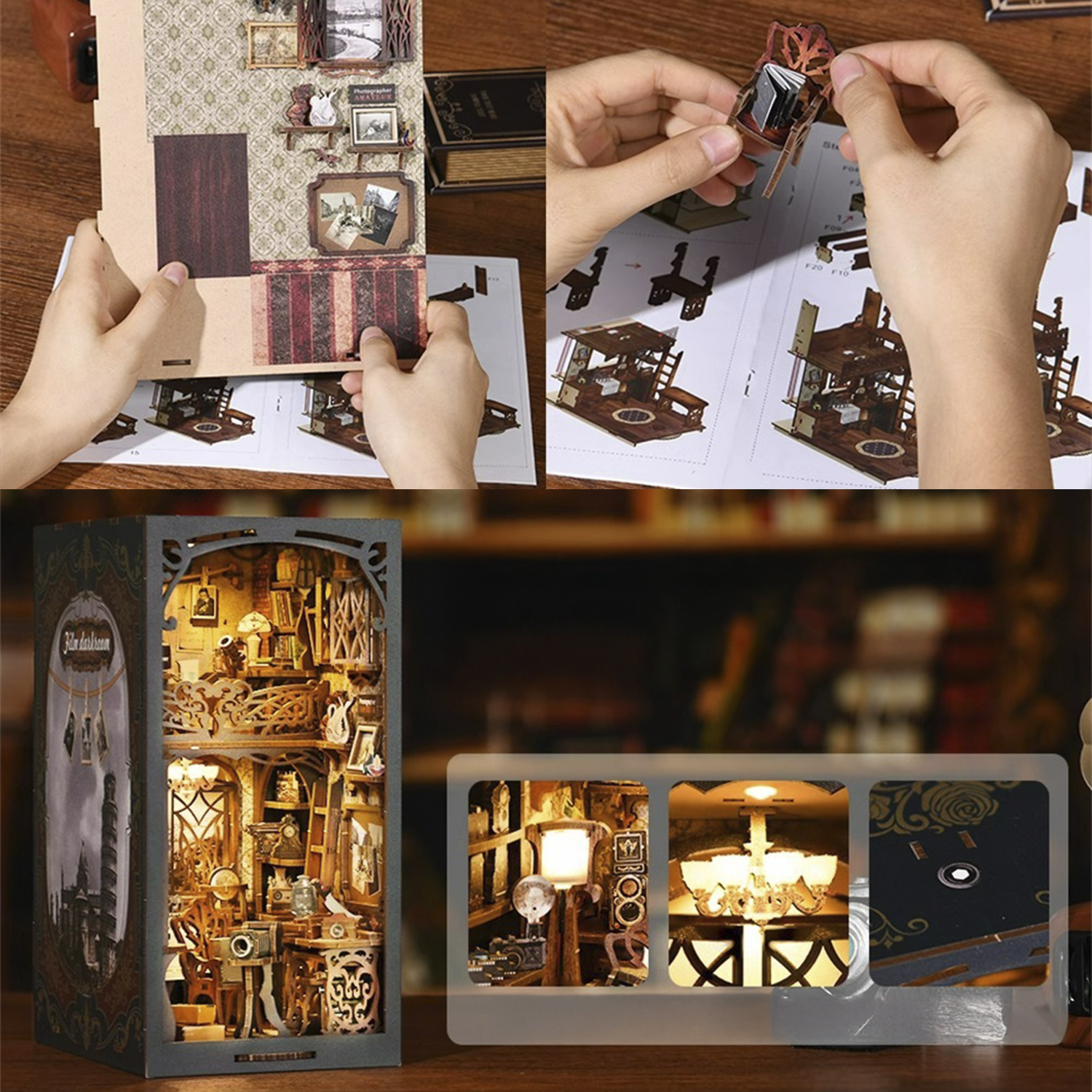Kit de casa en miniatura DIY: Manos armando piezas en manual de instrucciones.