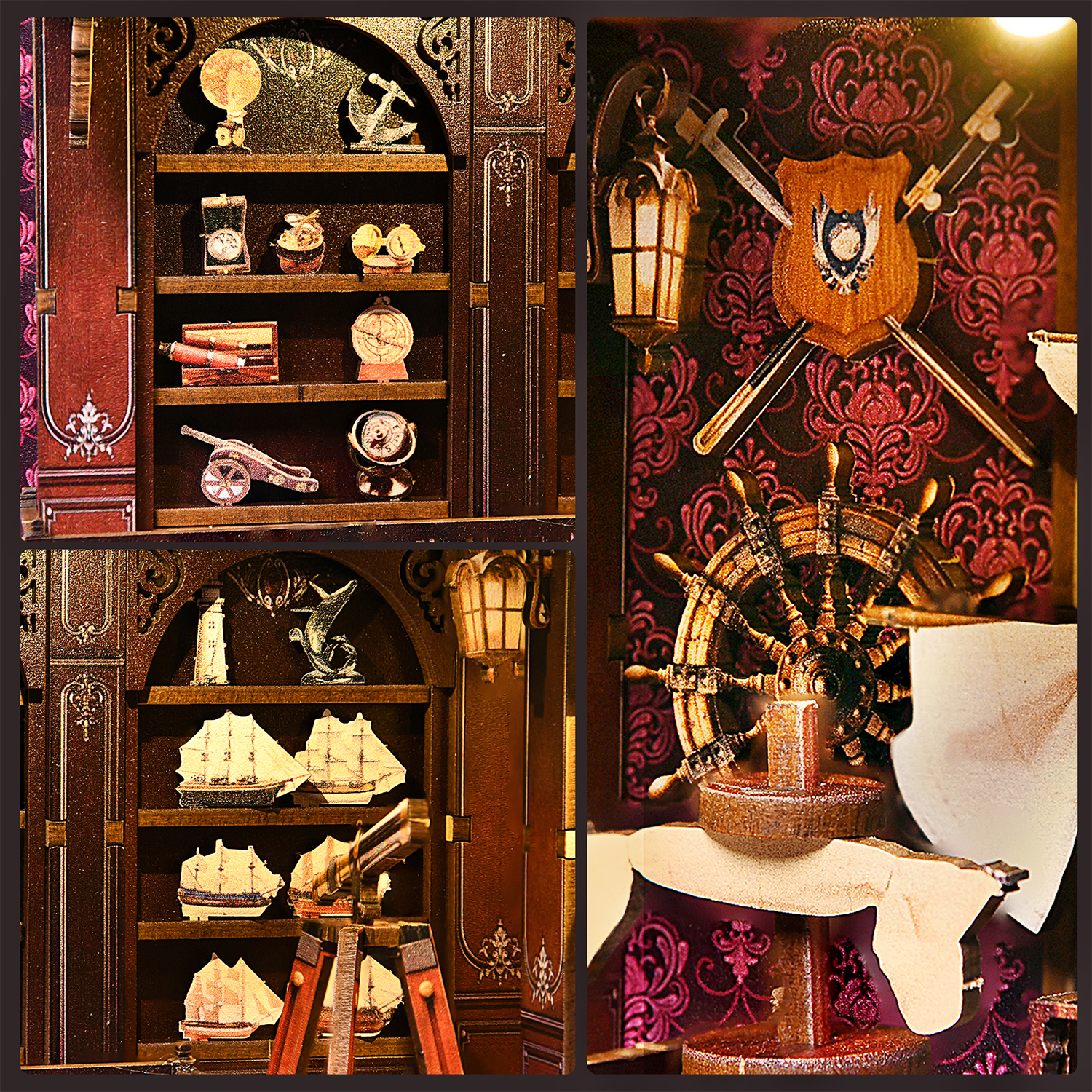 Modelli di navi in miniatura, cannoni, bussole e timone in decorazione vittoriana.