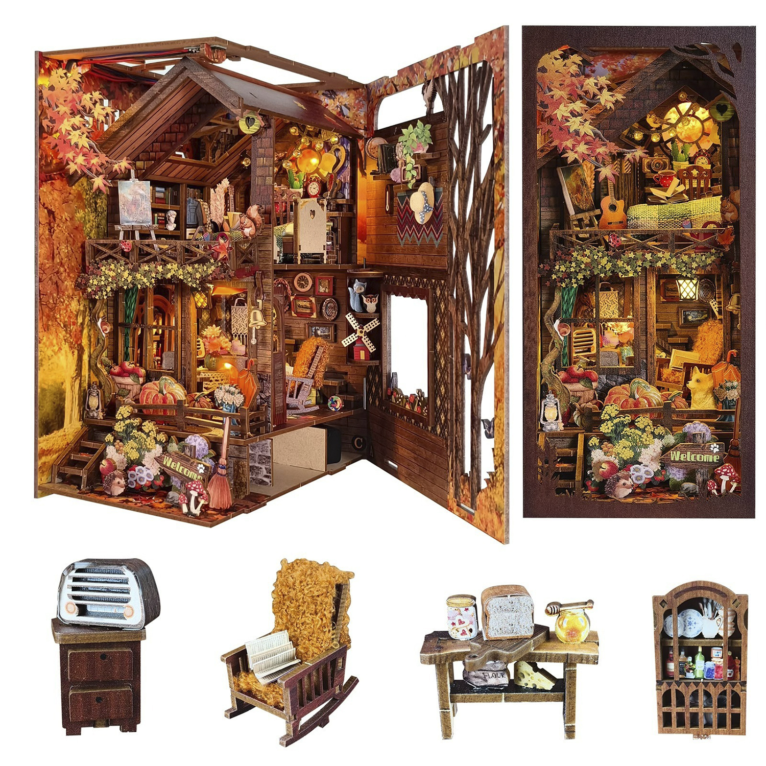 Casa in miniatura autunnale con molti dettagli, come zucche e foglie.