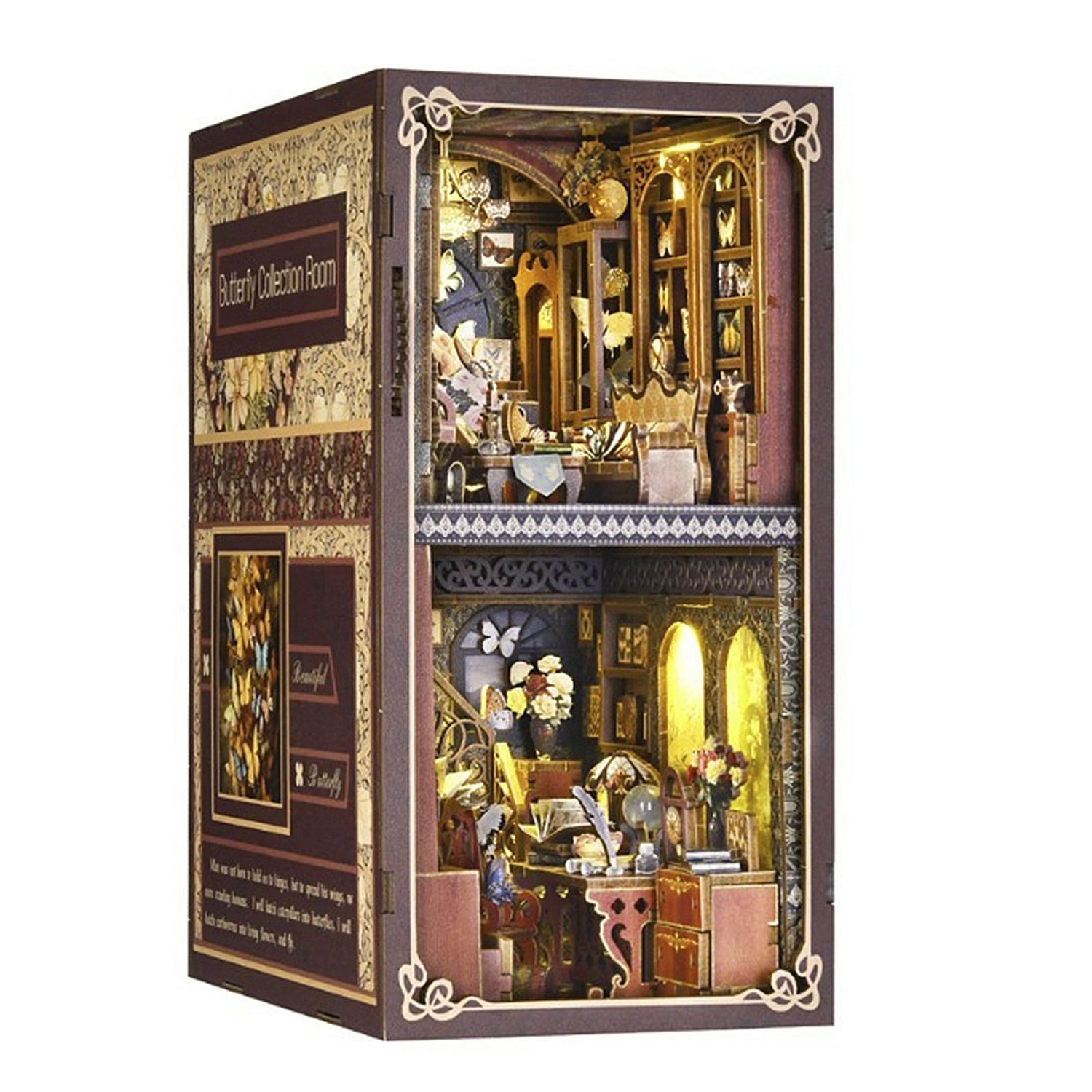 Stanza miniatura collezione farfalle con mobili, libri e luci.