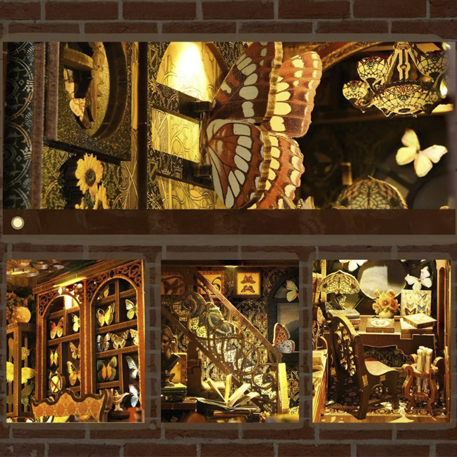 Scena di casa in miniatura con farfalle, mobili e luci.