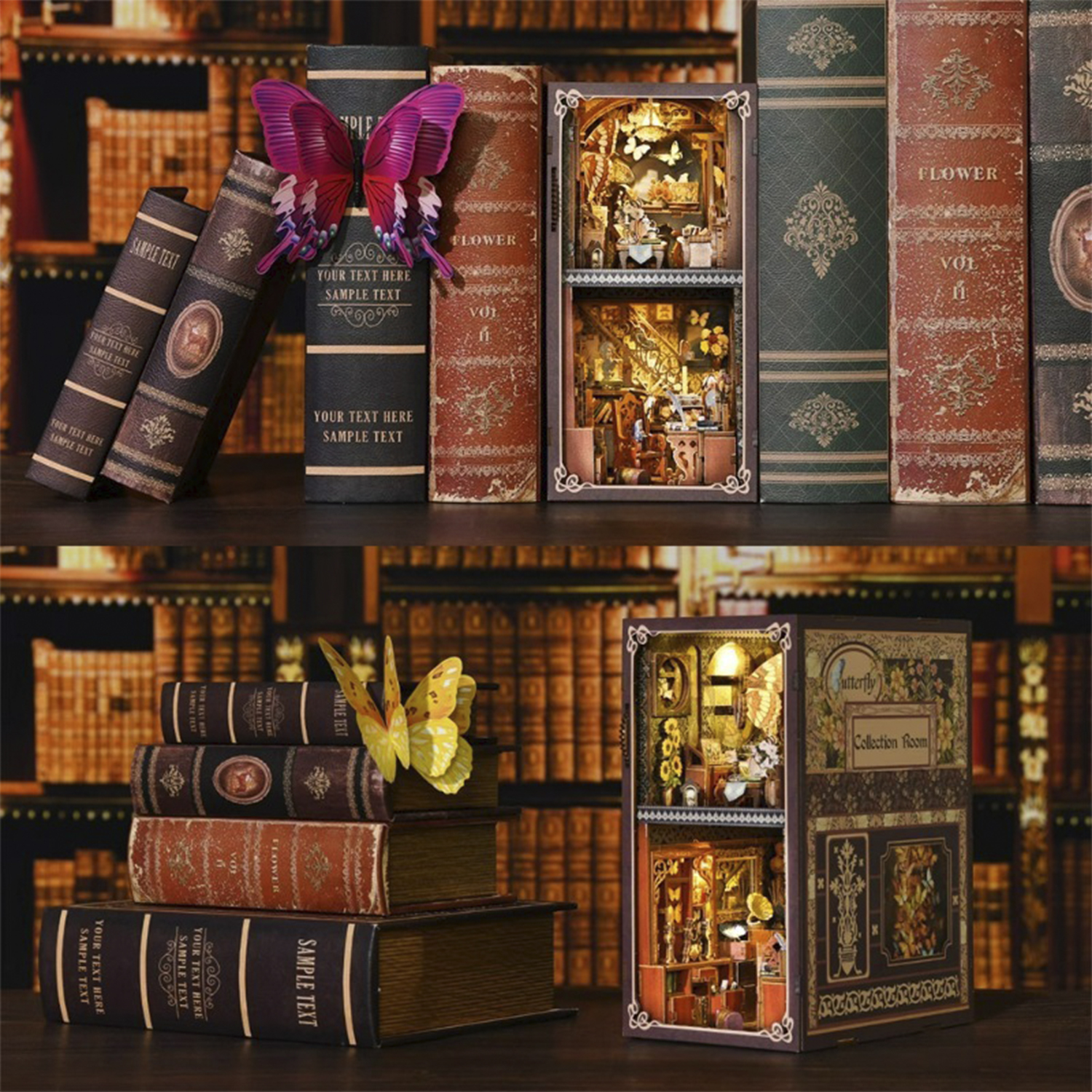 Due librerie con libri e due casette librarie in miniatura, con farfalle sopra.